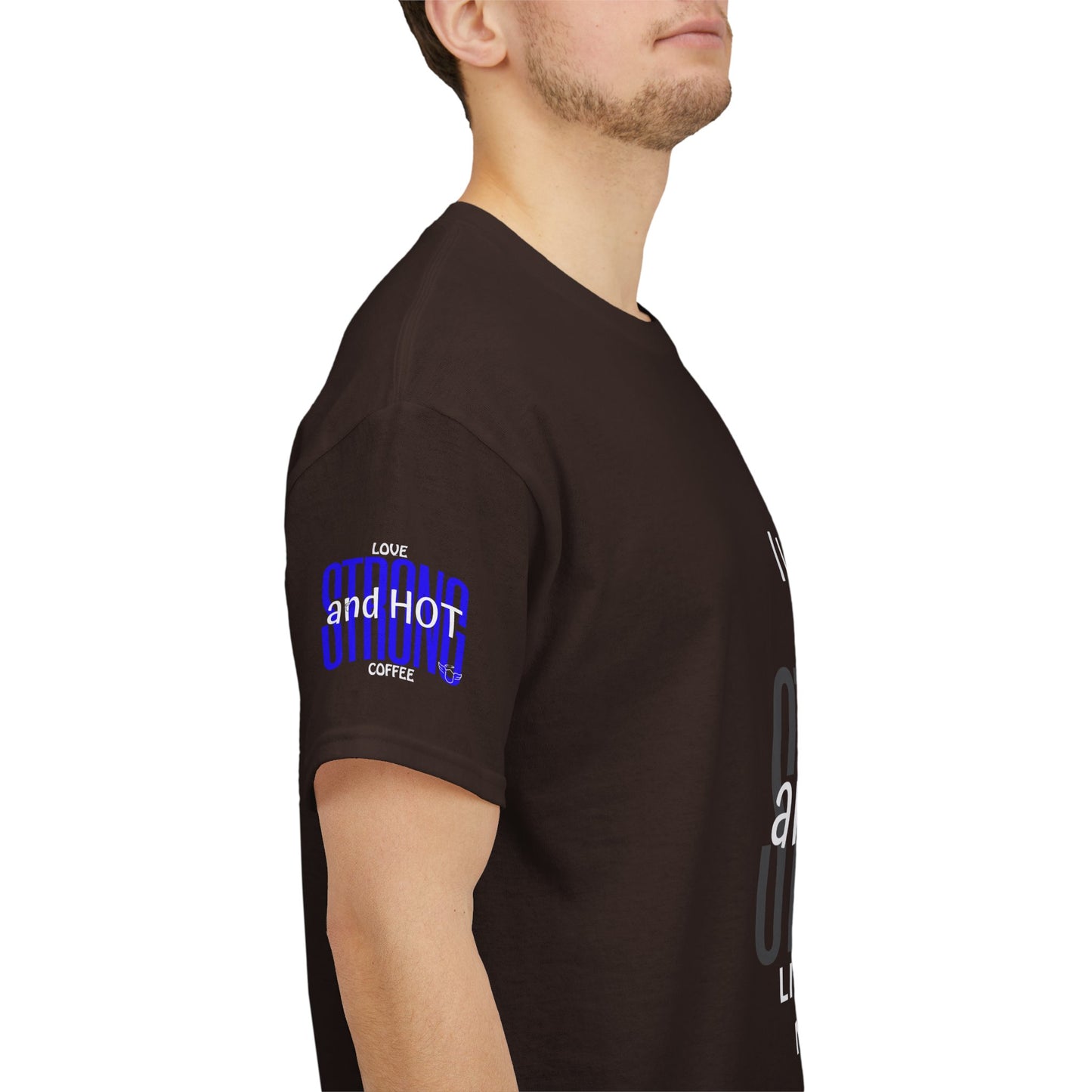 Coffee Lover Heavy Cotton Tee - I Love My Coffee Strong and Hot , Person wearing a black t-shirt with blue and white text on the sleeve.