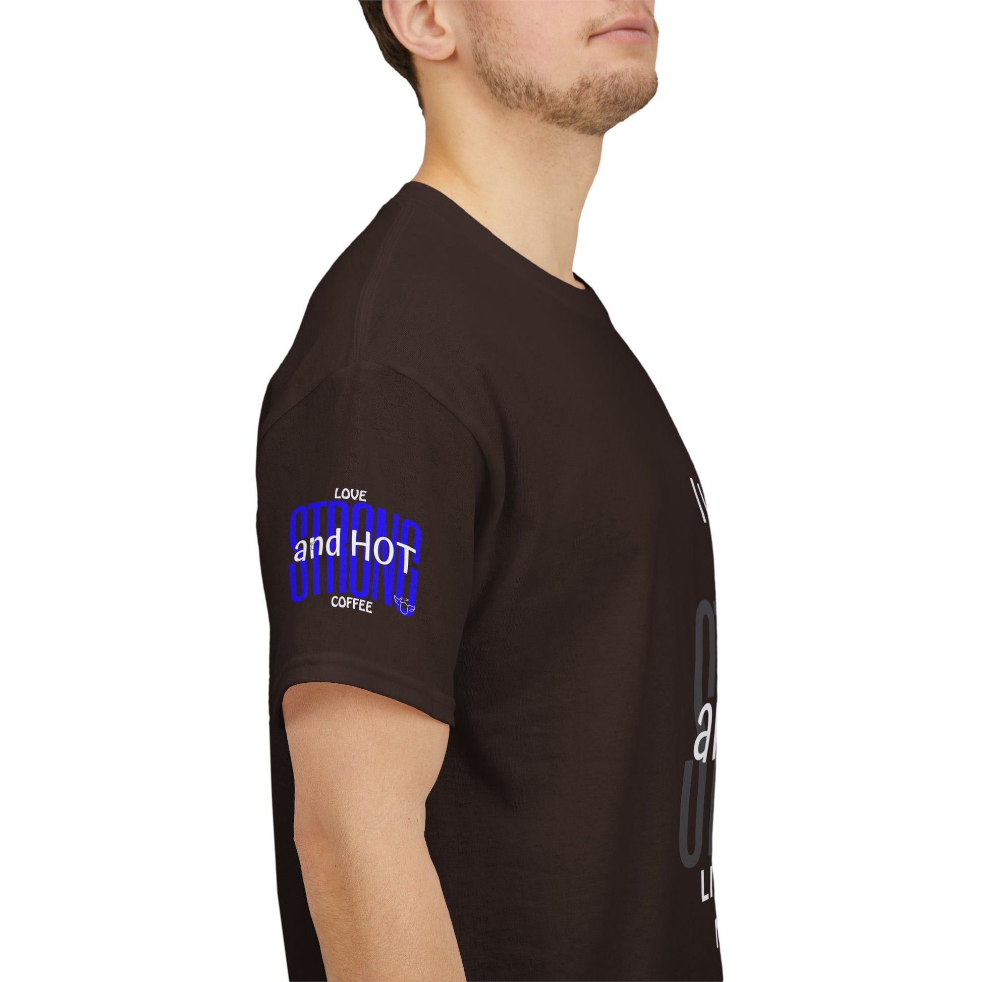 Coffee Lover Heavy Cotton Tee - I Love My Coffee Strong and Hot , Person wearing a black t-shirt with blue and white text on the sleeve.