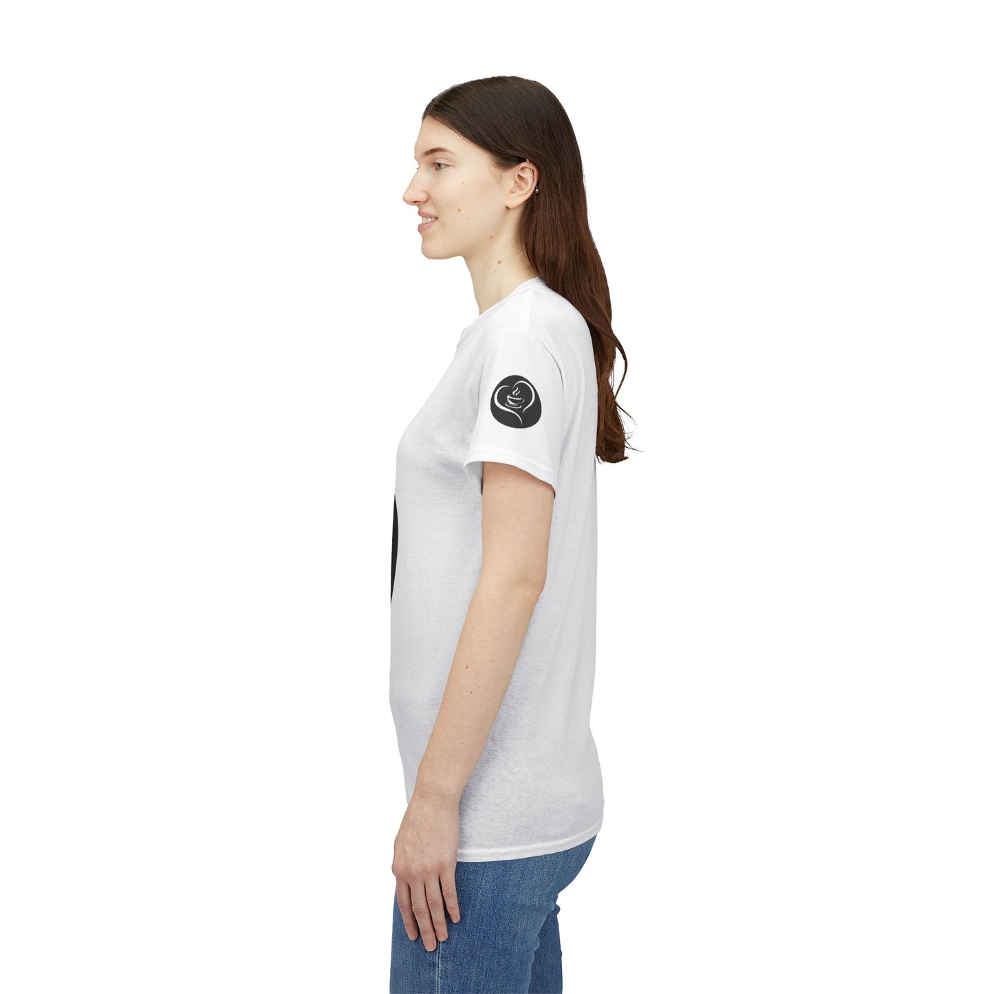 Coffee Lovers Ladies Tee - COFFEE and FRIENDS the Perfect Blend, Woman wearing a white t-shirt with a black logo on a white background