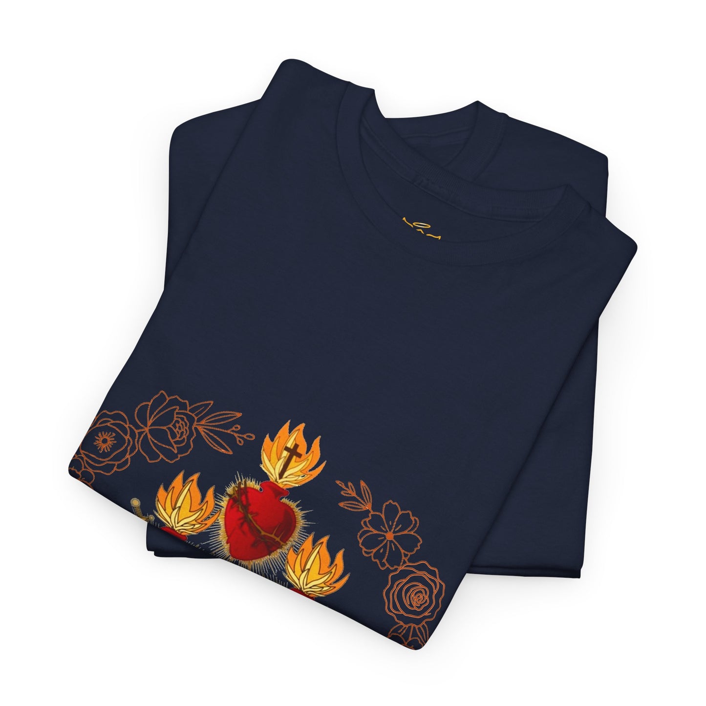 Sacred Hearts Tee — Three Flaming Hearts with JMJ Cross (CT)