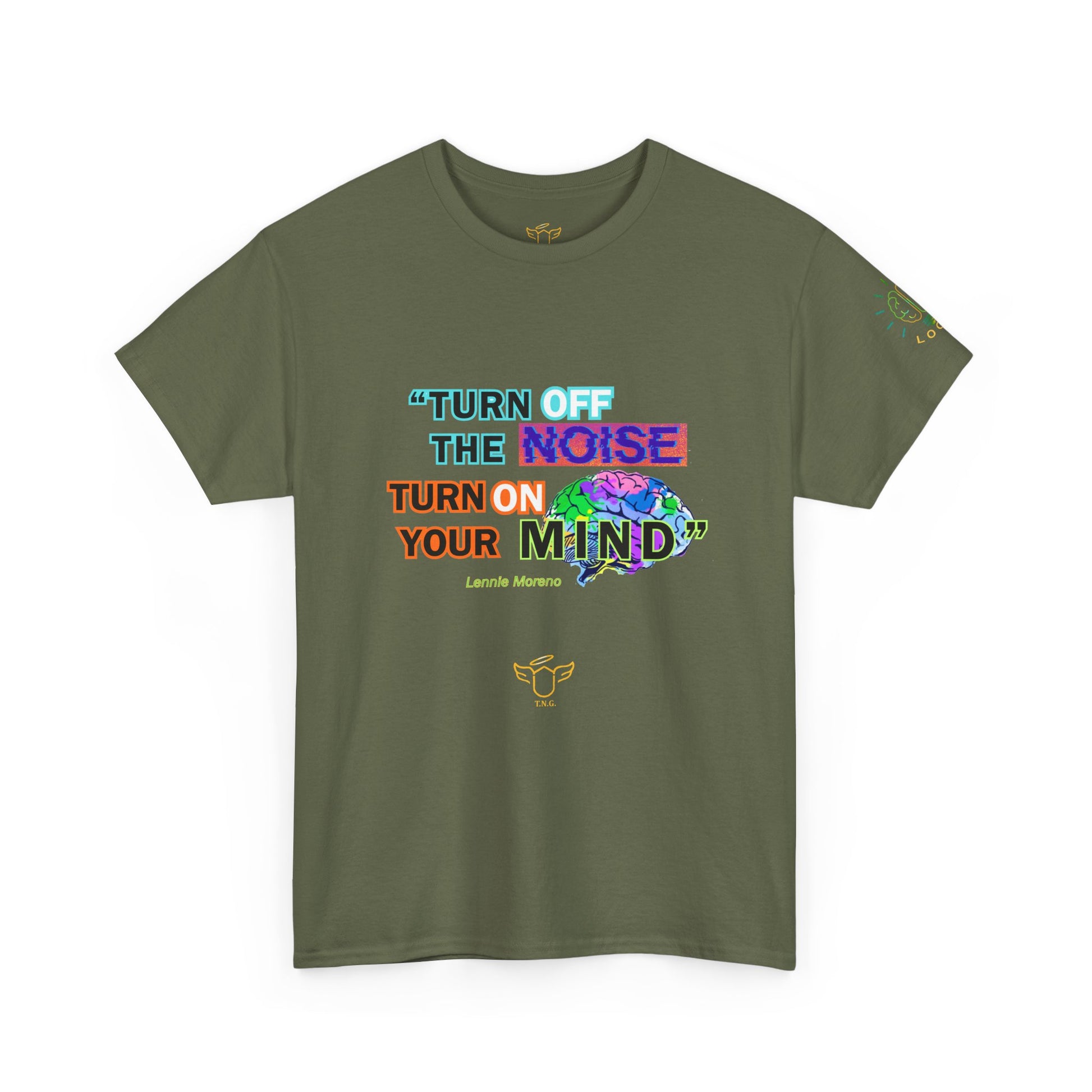 Novelty Tee - "Turn Off the Noise, Turn On Your Mind Tee" — Motivational Graphic Slogan,  Green t-shirt with motivational quote and colorful design on a white background