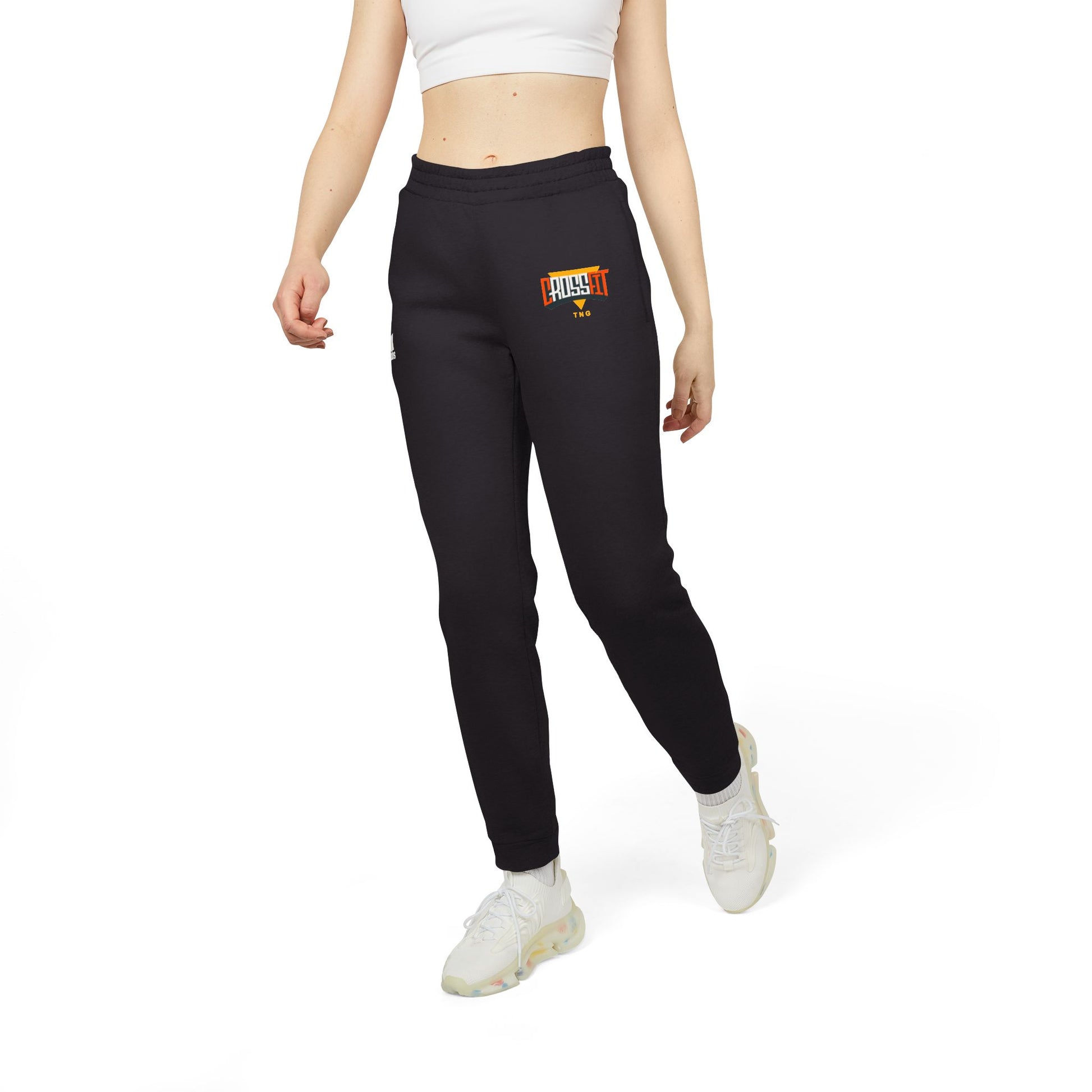 Adidas Sports Fleece Joggers for CrossFit Enthusiasts, Person wearing black sweatpants with a logo on a white background