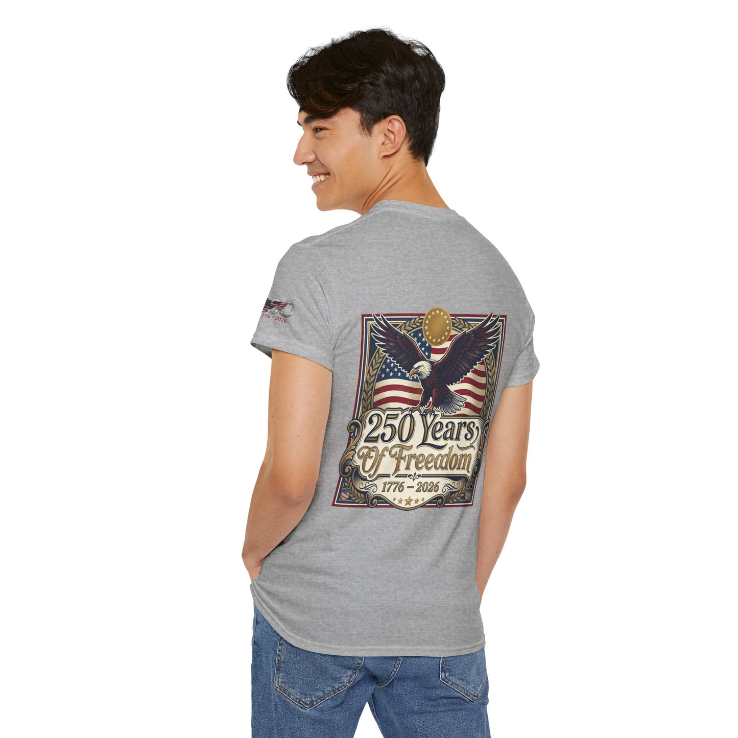 250 Years of Freedom T-Shirt — USA 250TH Anniversary Patriotic Eagle Tee, Person wearing a gray t-shirt with a graphic design on the back, featuring an eagle and American flag.