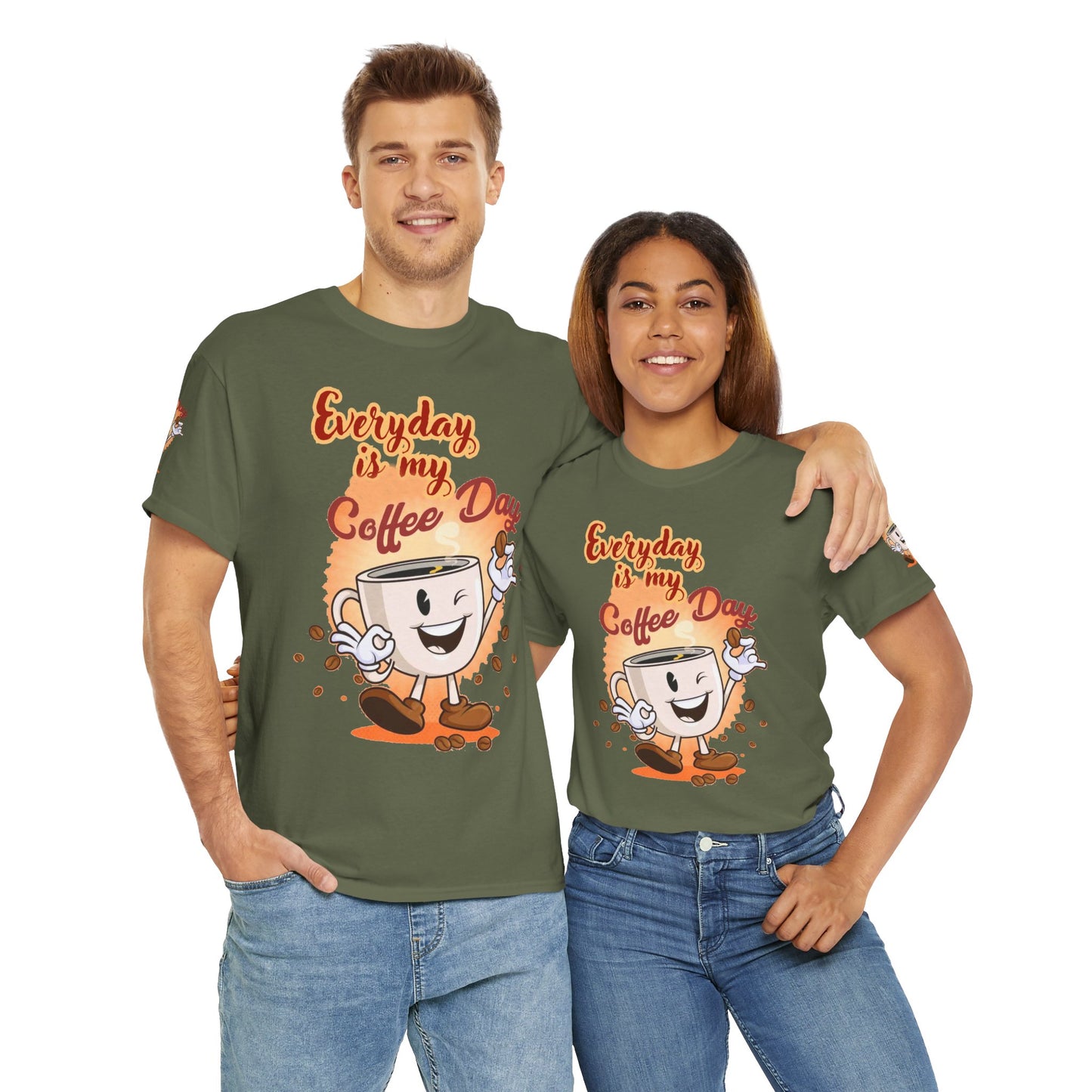 Two people wearing green t-shirts with a coffee-themed design on a white background