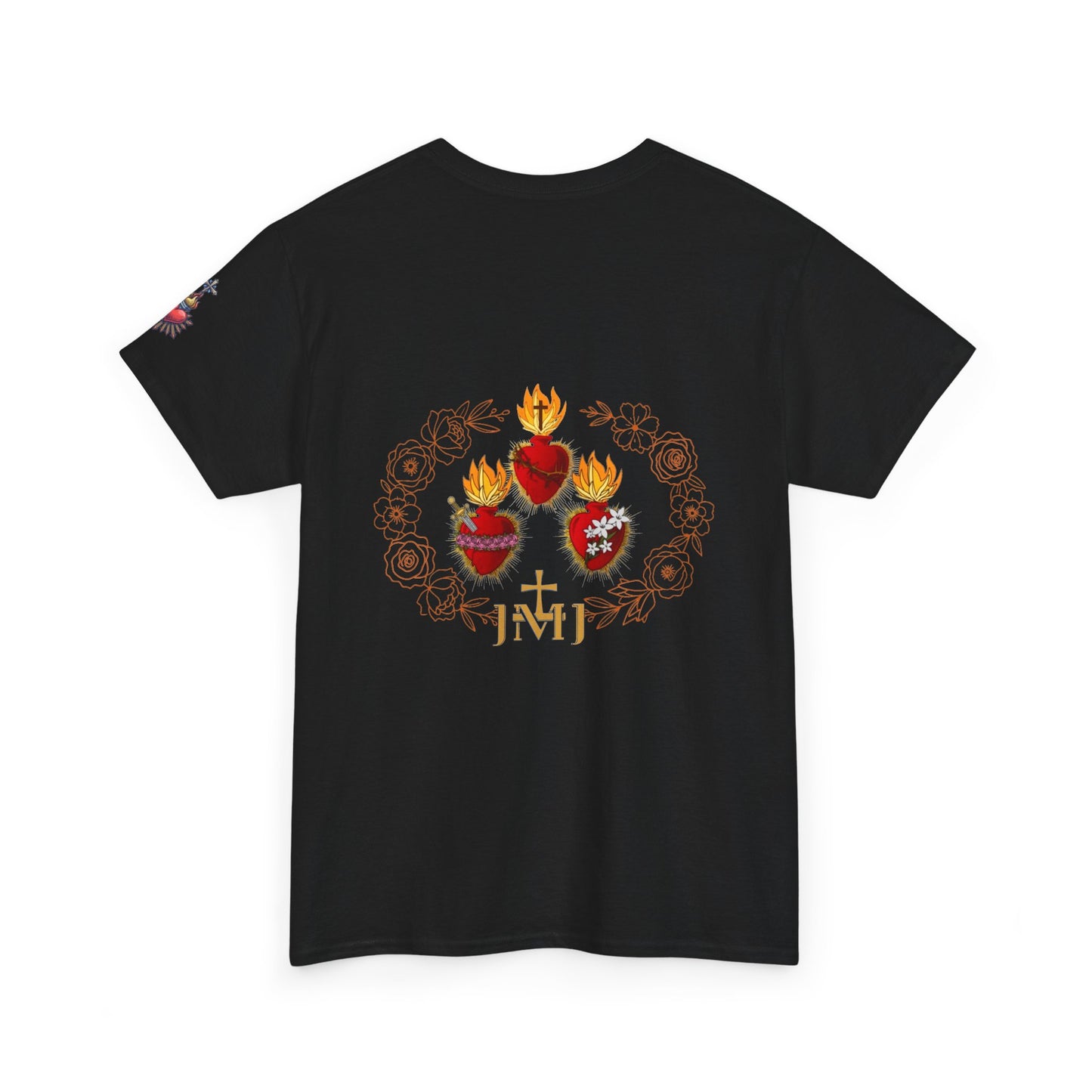 Sacred Hearts Tee — Three Flaming Hearts with JMJ Cross (CT)