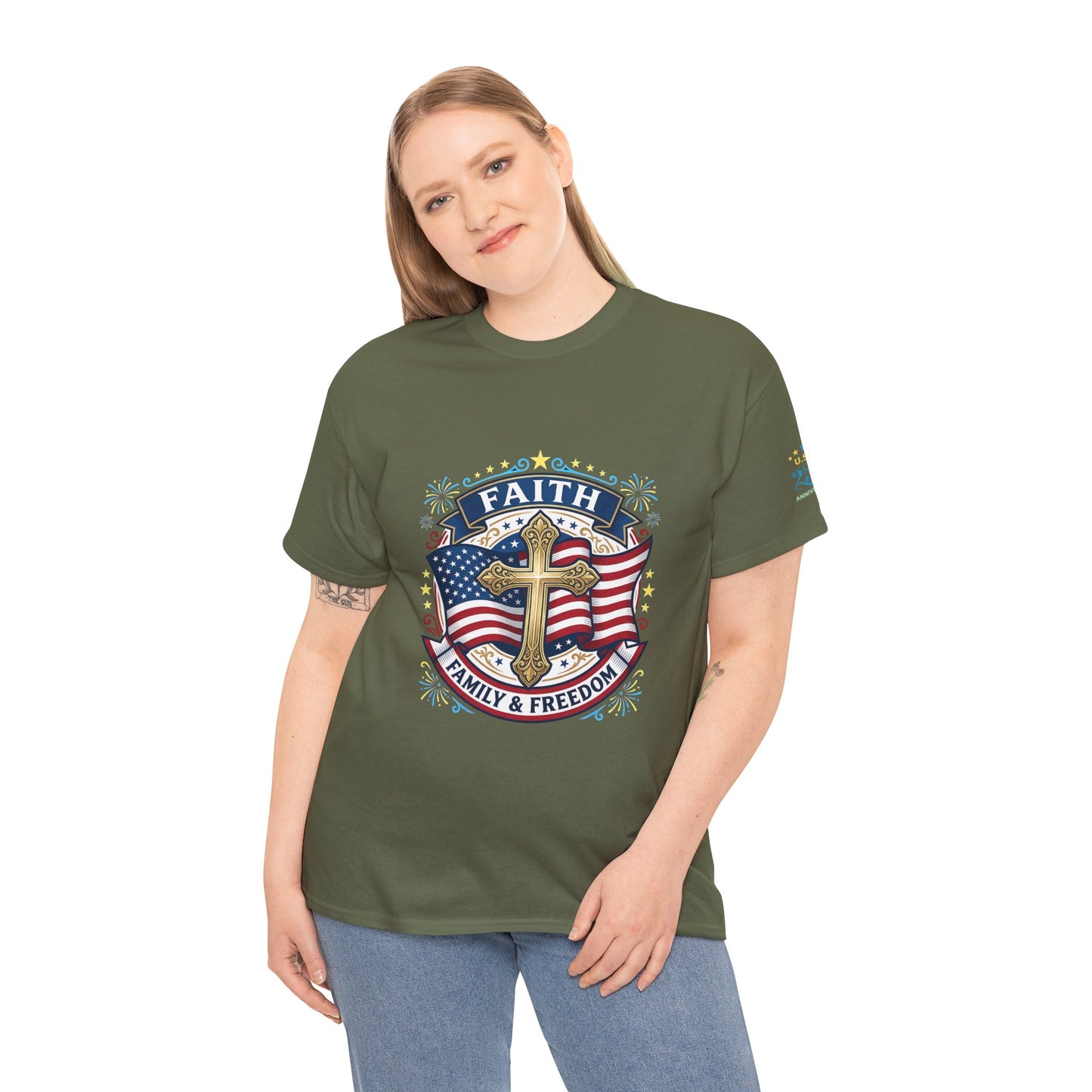 Faith, Family & Freedom T-Shirt — American Flag Cross Patriotic Tee (USA 250th)