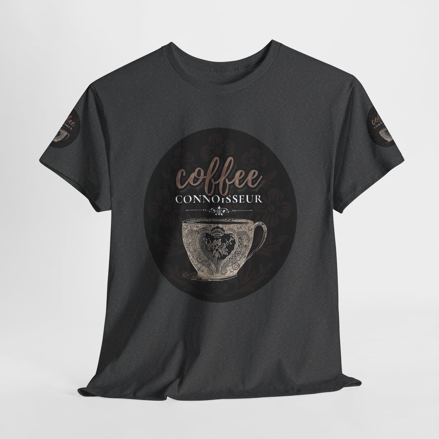 COFFEE LOVERS COTTON TEES For Connoisseurs, Black t-shirt with 'coffee connoisseur' graphic on a light gray background