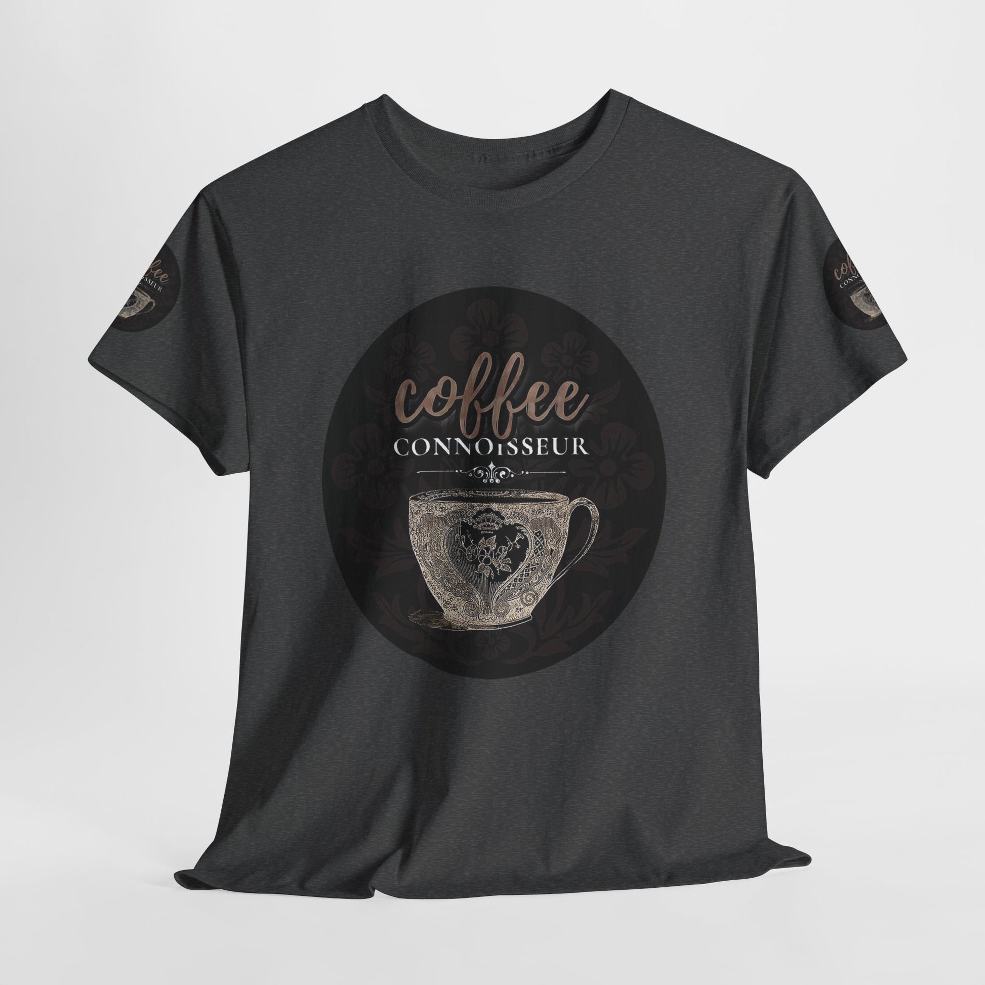 COFFEE LOVERS COTTON TEES For Connoisseurs, Black t-shirt with 'coffee connoisseur' graphic on a light gray background