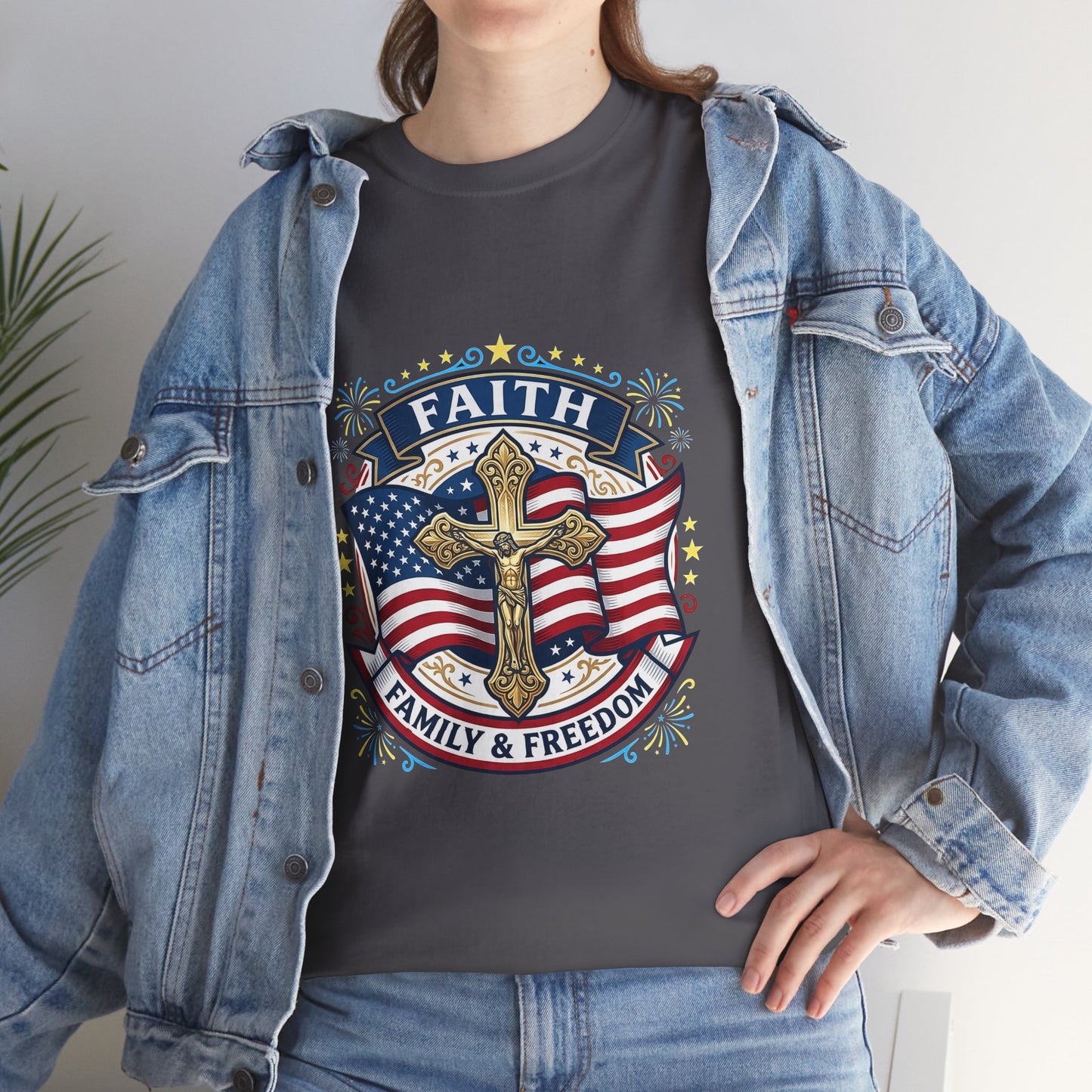 Catholic Faith Family & Freedom T-Shirt — American Flag Cross Patriotic T-shirt (USA 250th)