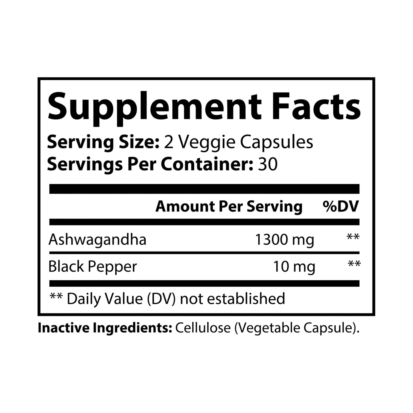 Ashwagandha and Black Pepper Health Supplement (60 capsules) - Supplement Facts Label.
