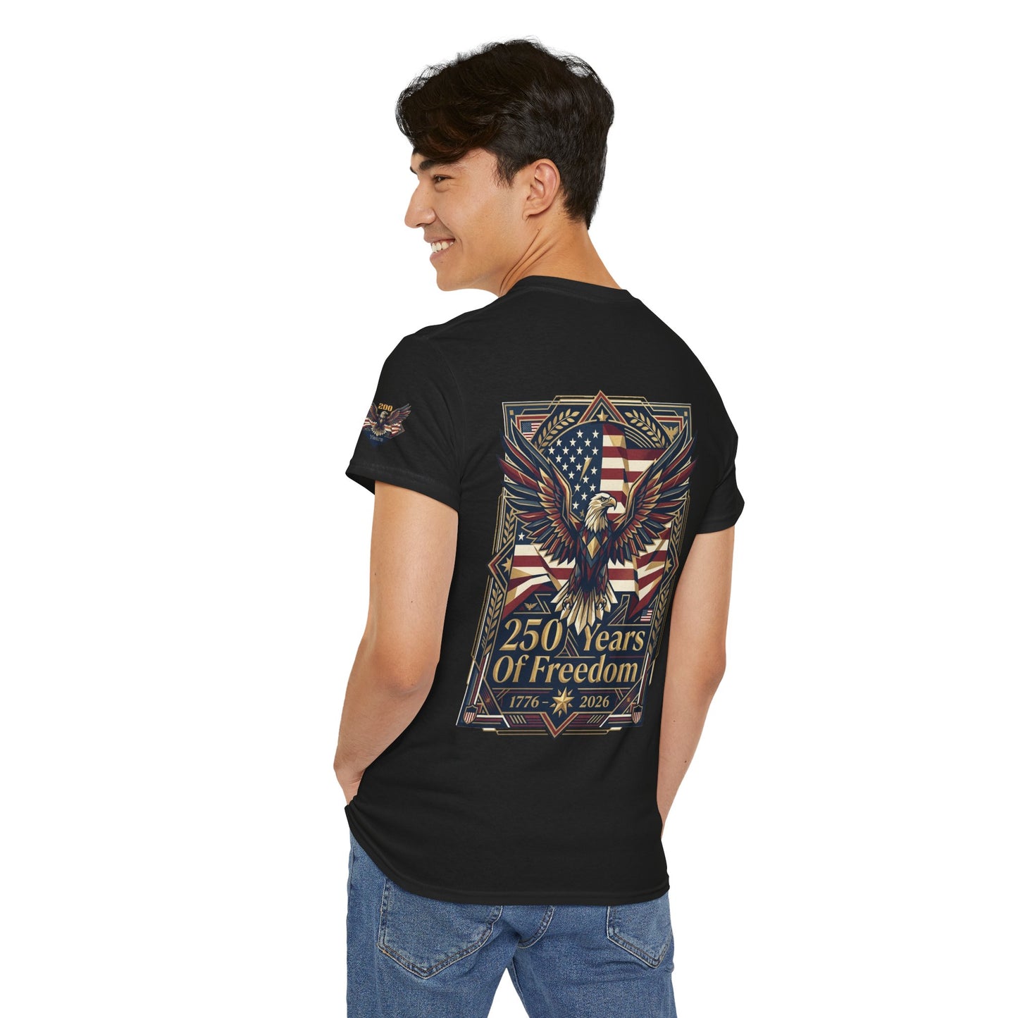 250 Years of Freedom Eagle T-Shirt, Person wearing a navy blue t-shirt with a graphic design and text on the back, standing against a white background.