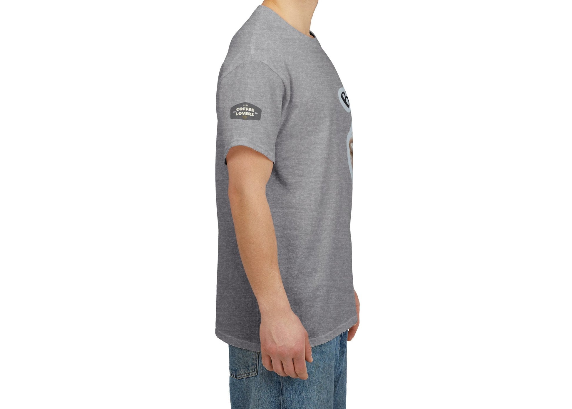 Coffee Lovers Cotton Tee - 'Better Late than Never', Man wearing a gray t-shirt with a logo on the sleeve against a white background