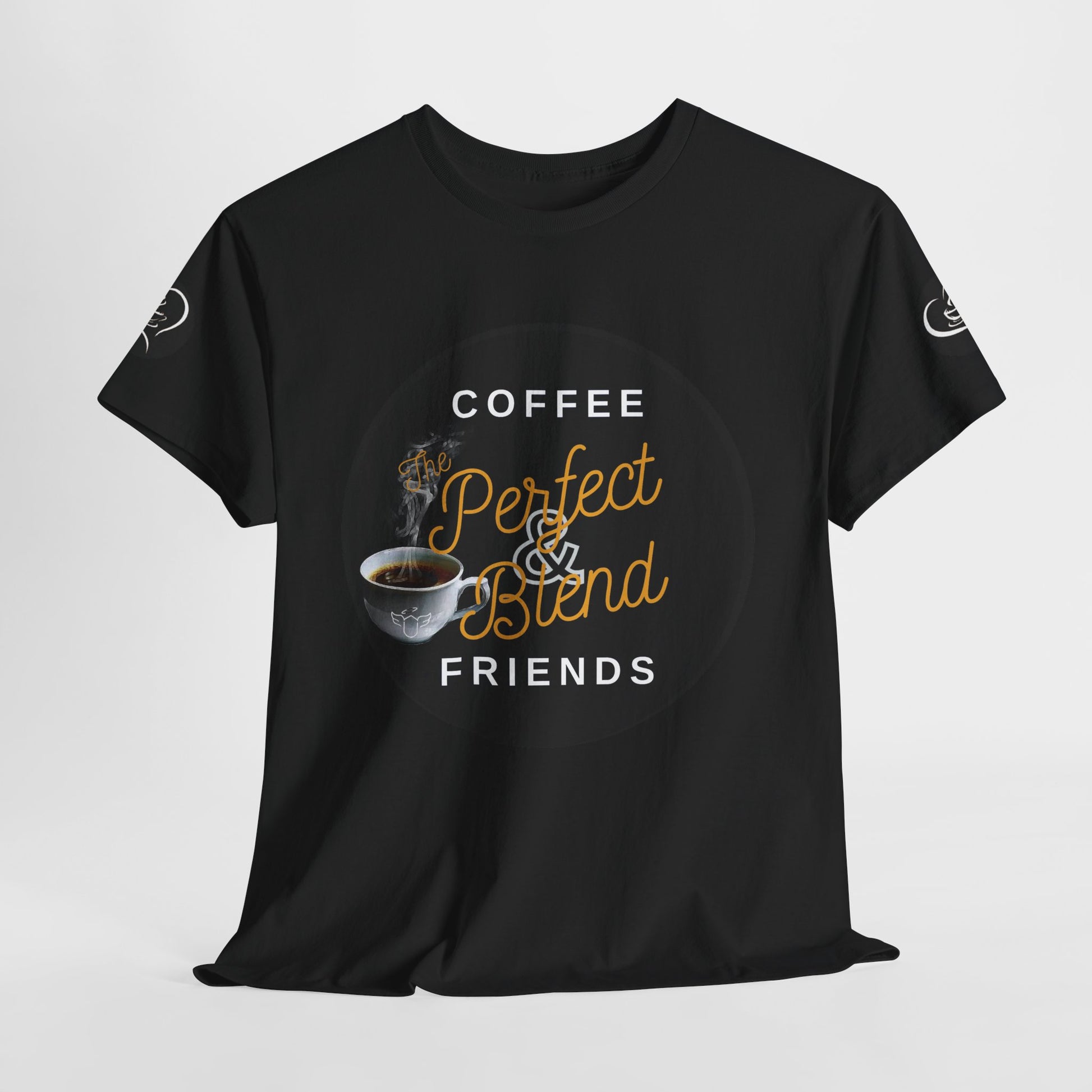 Coffee Lovers Cotton T-shirt, Black t-shirt with coffee-themed design on a light gray background