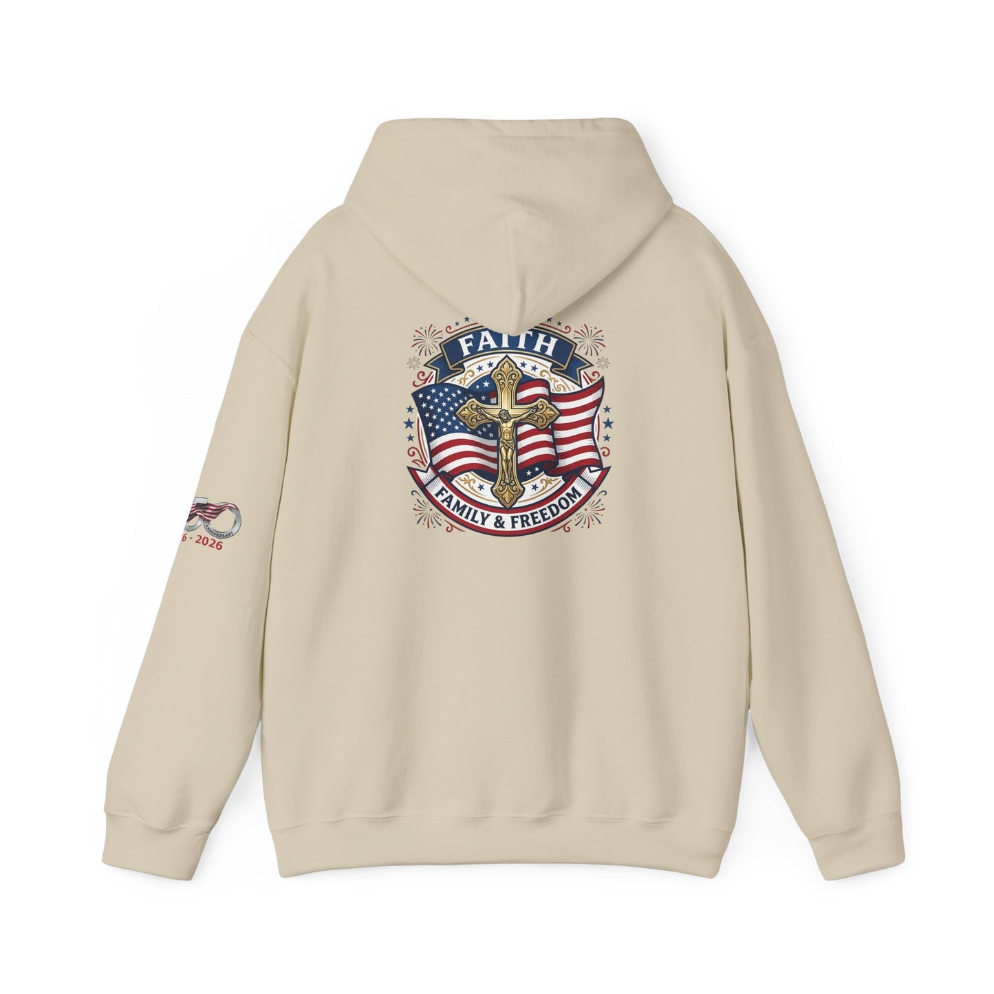 Catholic Faith, Family & Freedom Hoodie - Patriotic American Flag Cross Pullover (USA 250th)