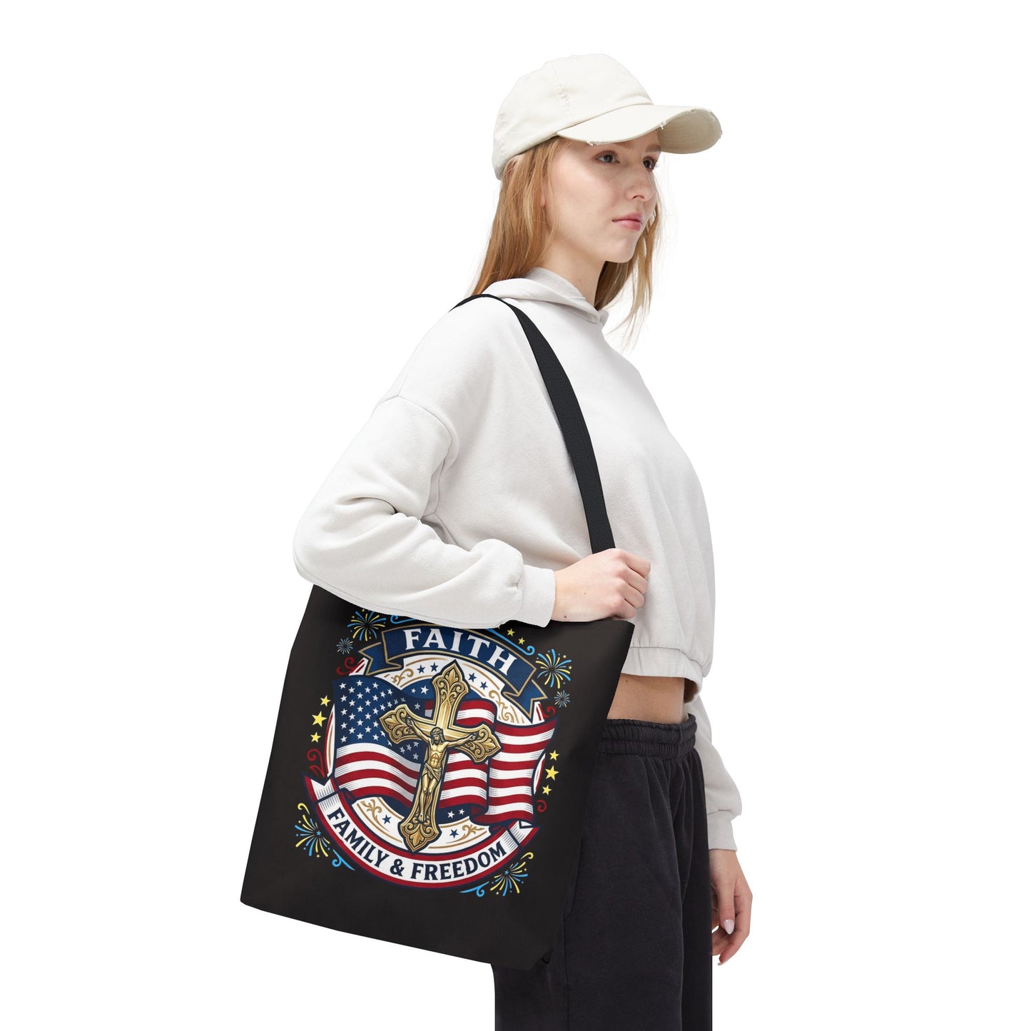 Faith, Family & Freedom Cross Bag — Patriotic American Flag Canvas Tote (USA 250th)