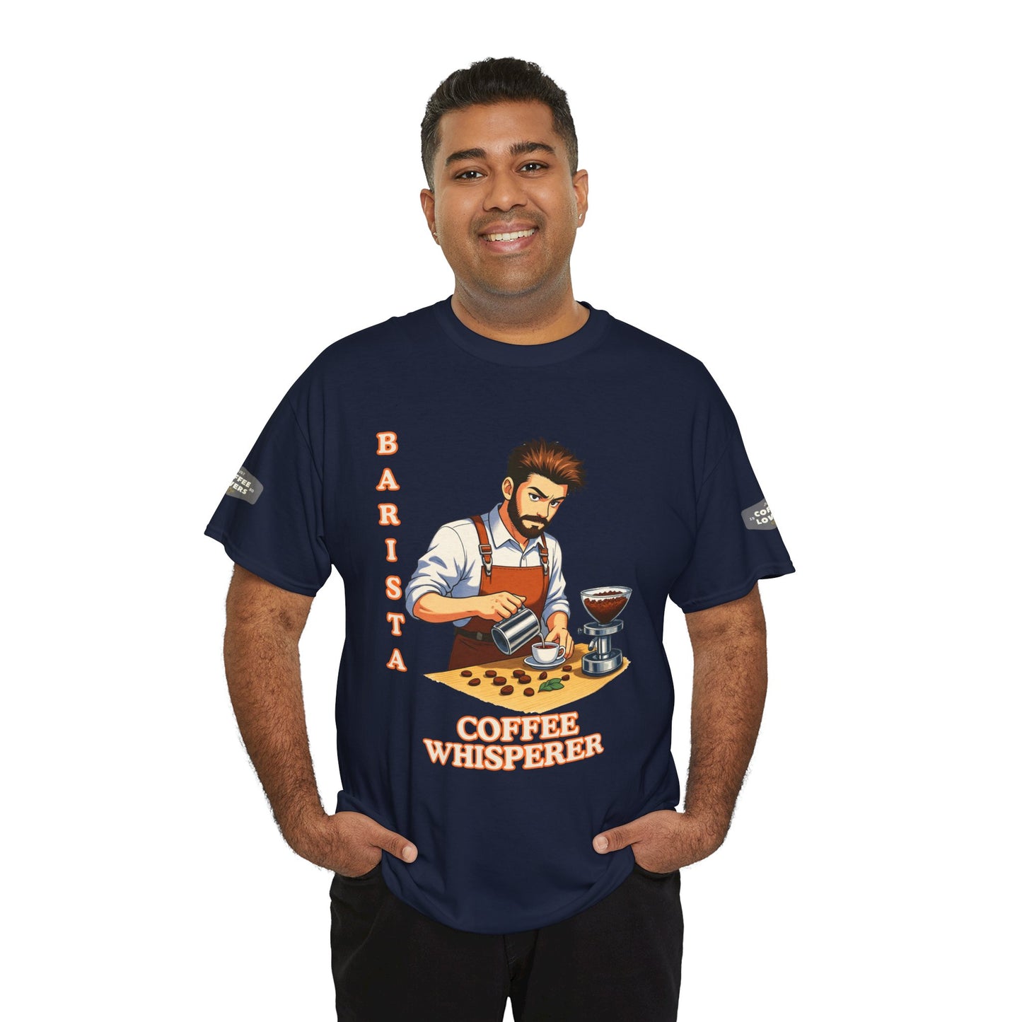 Coffee Lovers Cotton Tee for Male Barista,  Man wearing a navy blue t-shirt with a graphic and text 'Barista Coffee Whisperer' on a white background