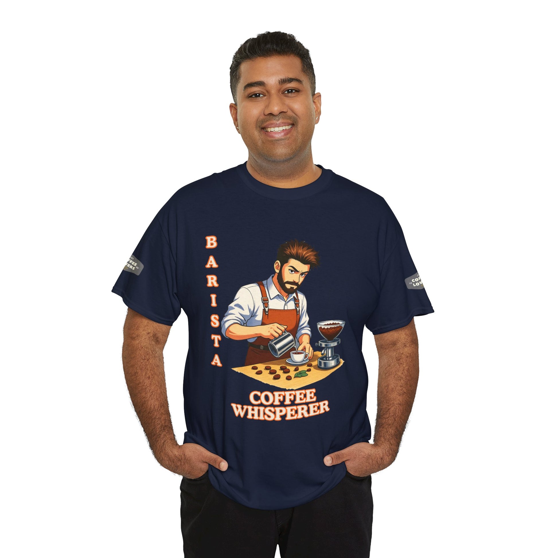 Coffee Lovers Cotton Tee for Male Barista,  Man wearing a navy blue t-shirt with a graphic and text 'Barista Coffee Whisperer' on a white background