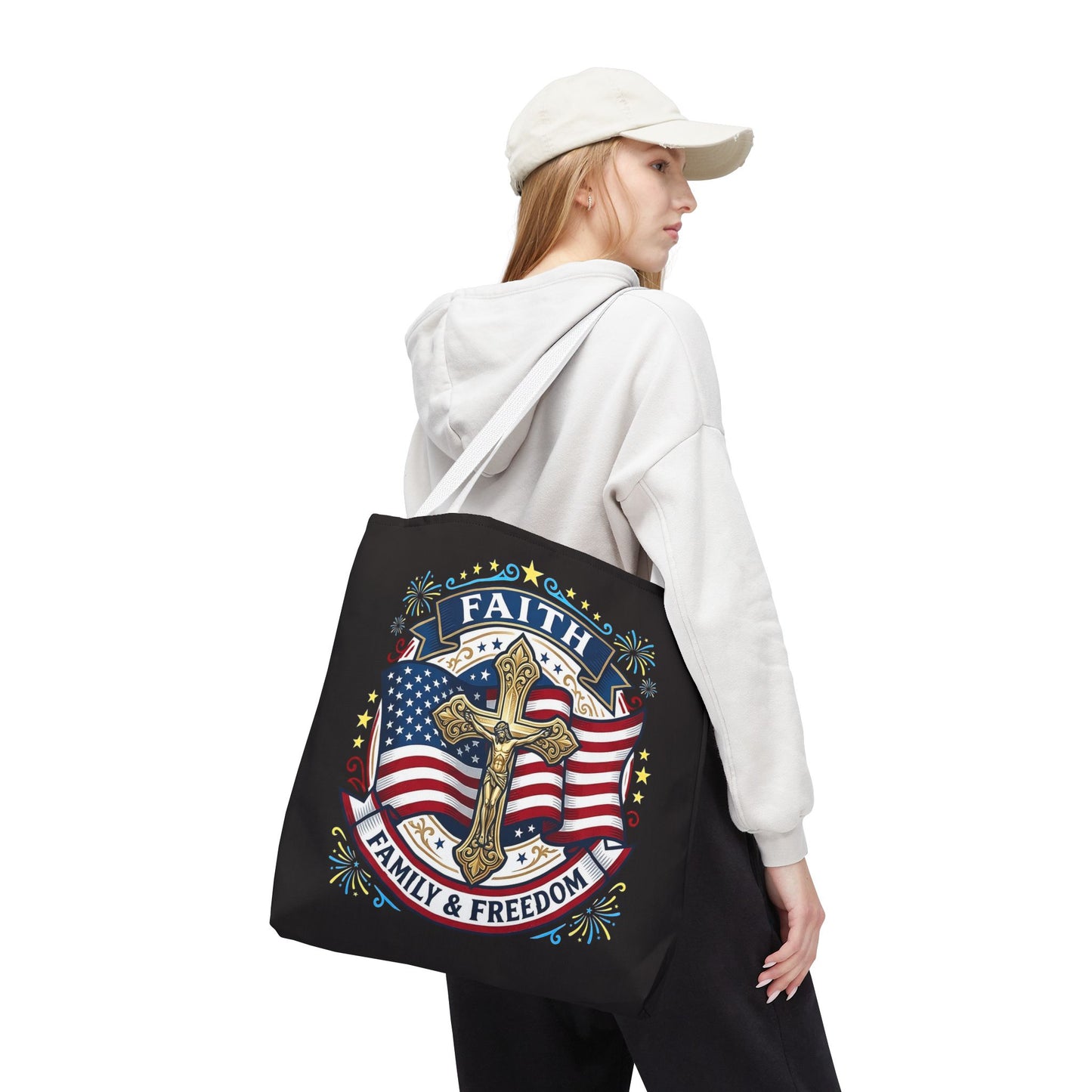 Faith, Family & Freedom Cross Bag — Patriotic American Flag Canvas Tote (USA 250th)
