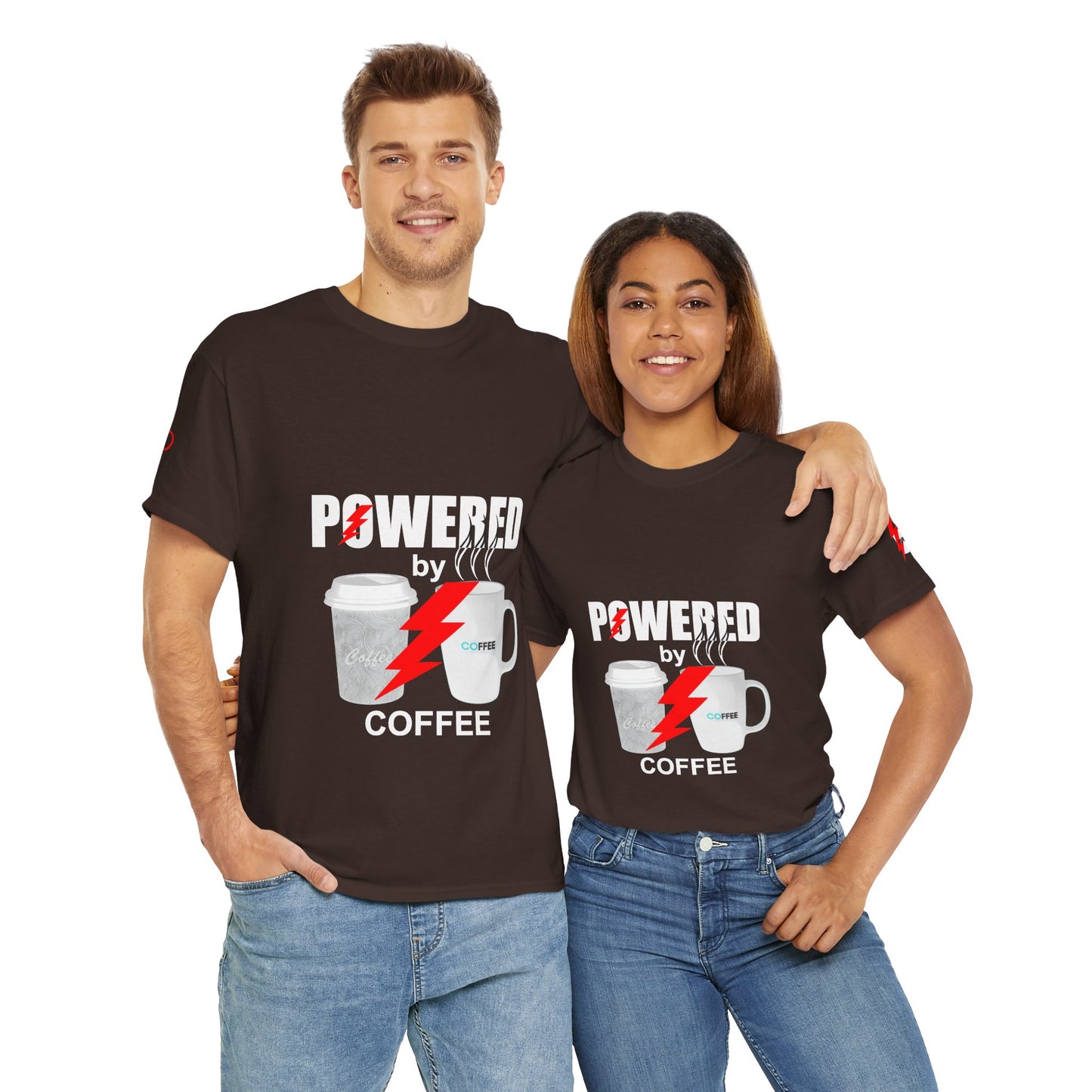 Coffee Lovers Cotton T-shirt - Powered by Coffee. Two people wearing black t-shirts with 'Powered by Coffee' design on a white background