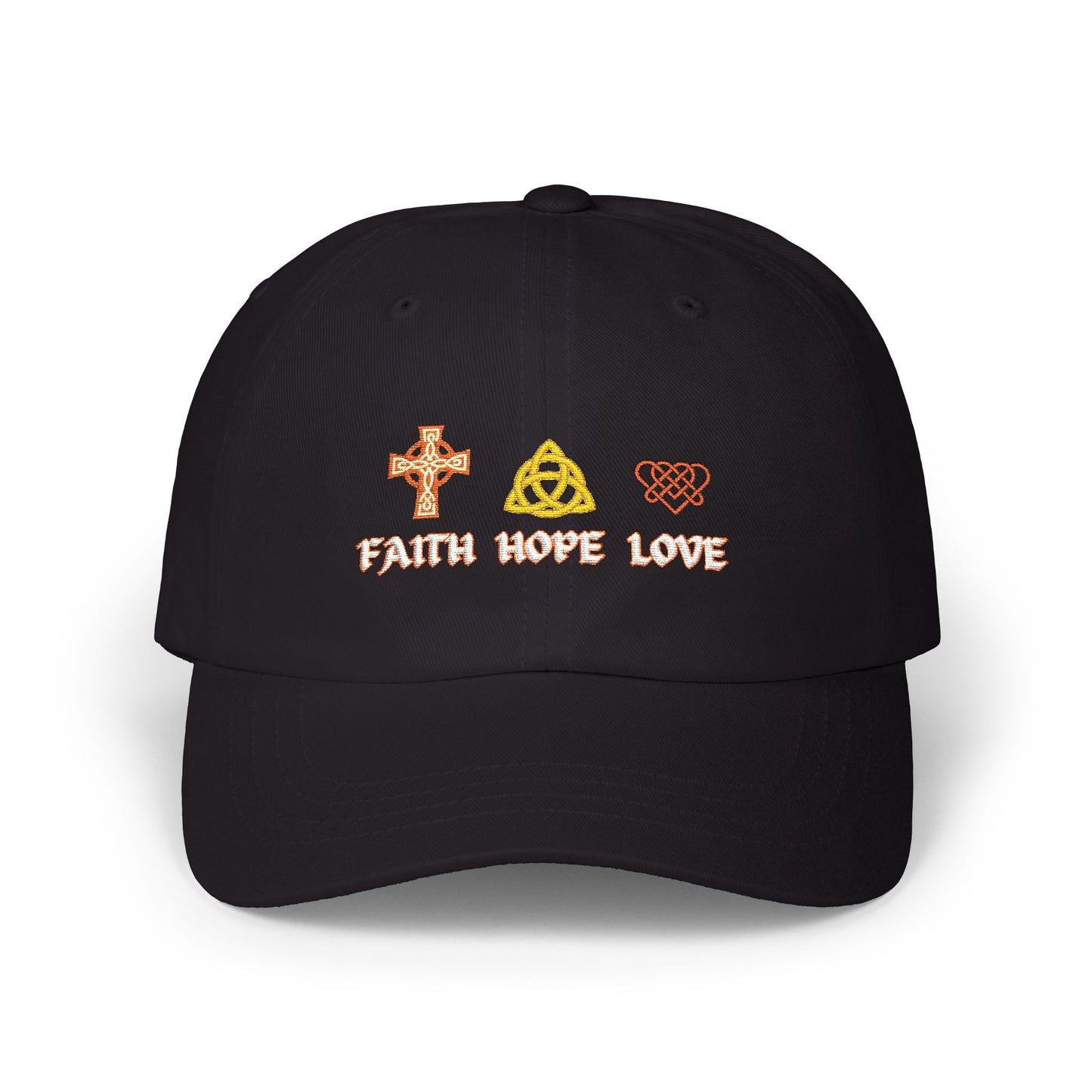 Celtic Faith Hope Love Cap — Embroidered Celtic Christian Symbols Baseball Cap (EM)