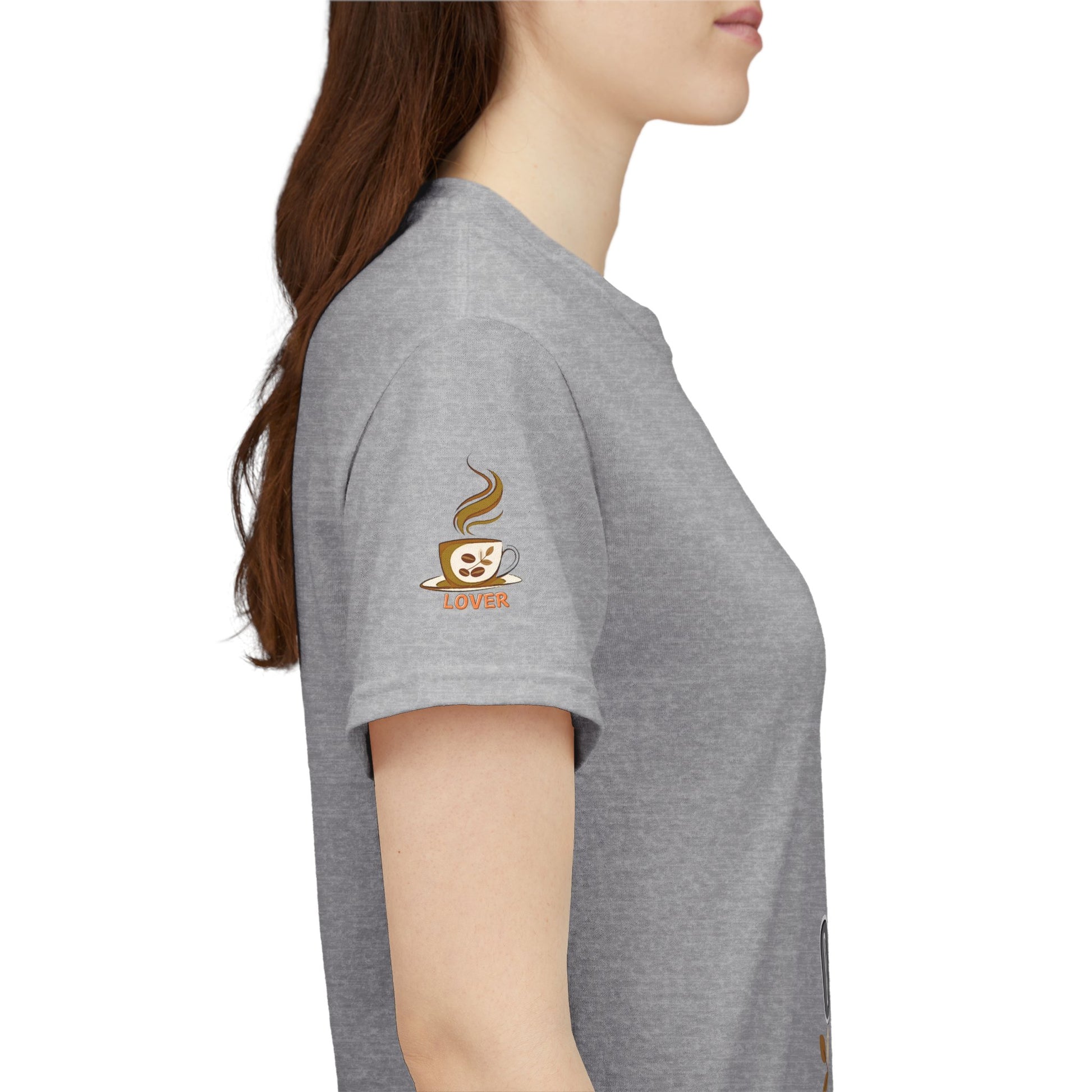 Coffee Lovers Heavy Cotton Tee - My Daily Dose of Oomph! Person wearing a gray t-shirt with a coffee-themed logo on the sleeve.