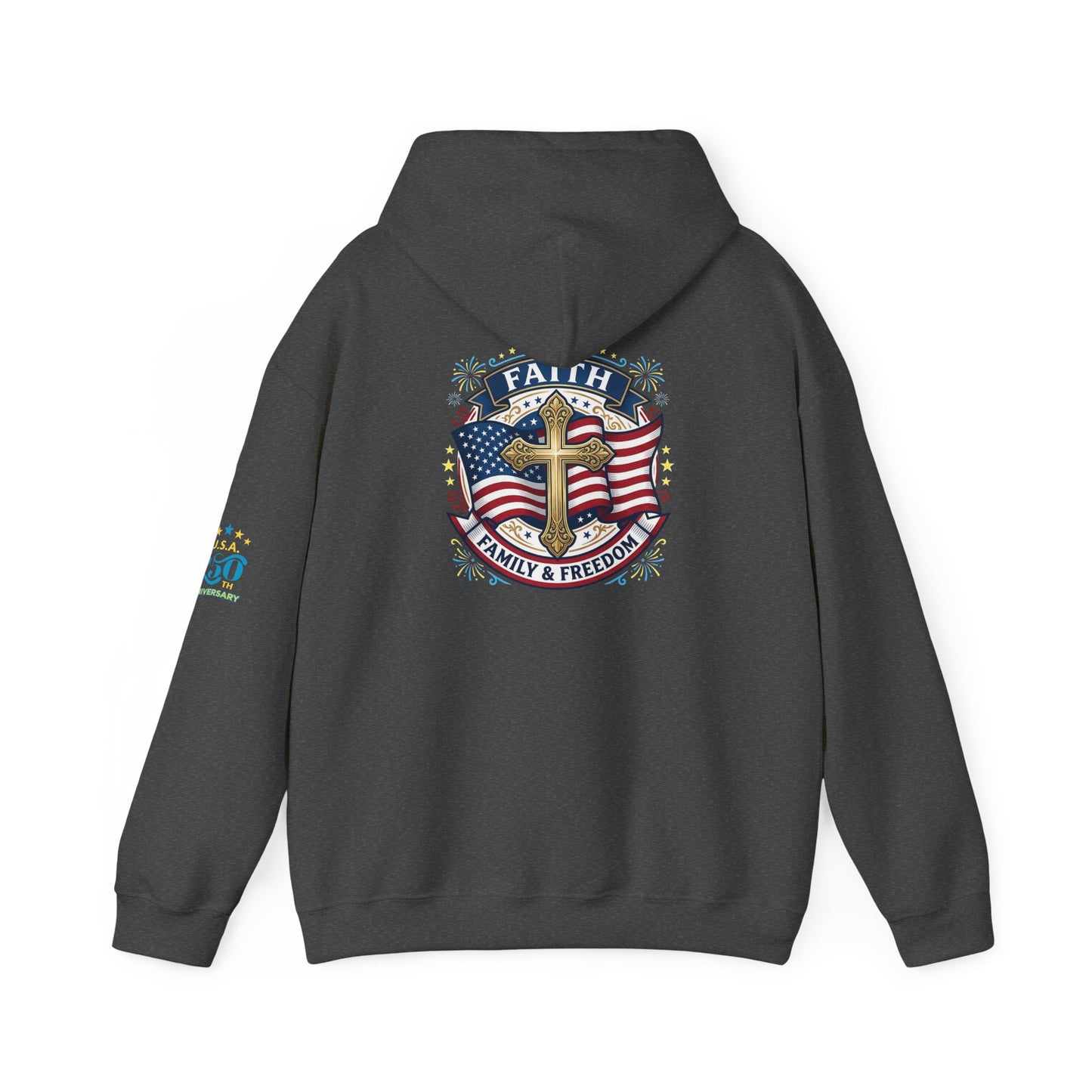 Faith, Family & Freedom Hoodie — Patriotic Cross American Flag Sweatshirt (USA 250th)