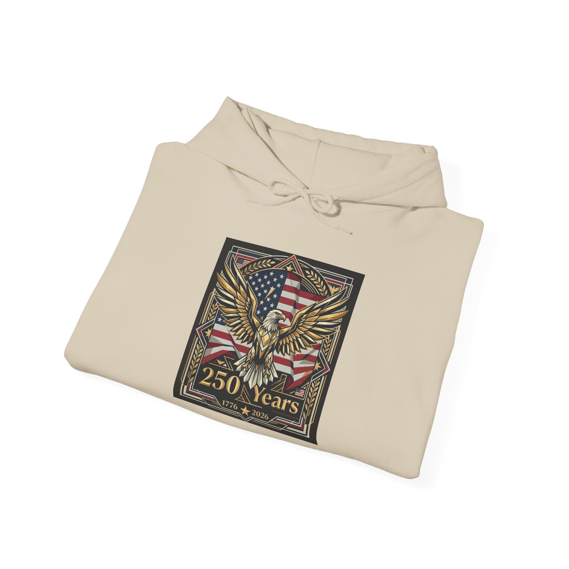 America 250 Years of Freedom Hoodie — USA 250th ANNIVERSARY Patriotic Hoodie, Beige hoodie with eagle and American flag design on a white background