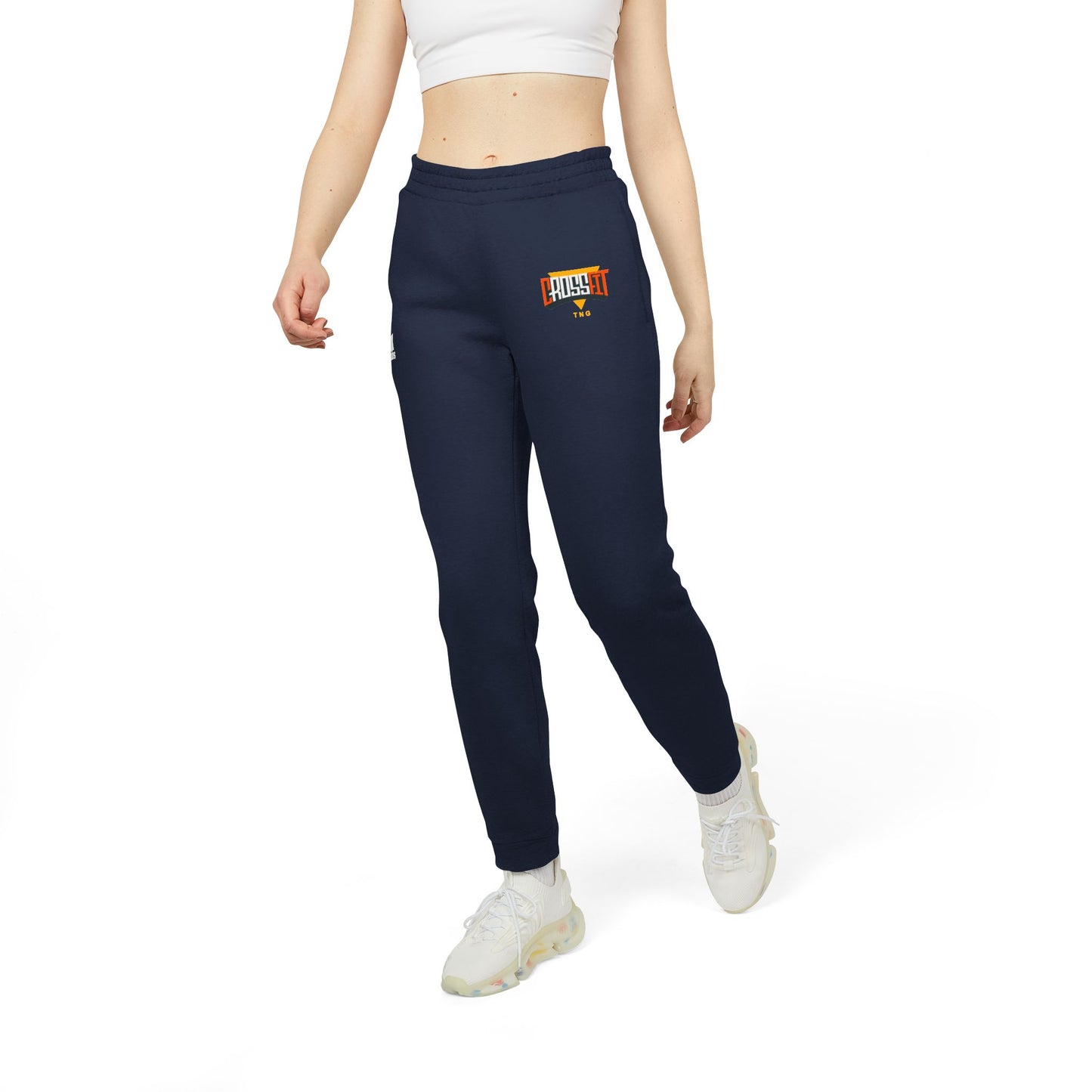 Adidas Sports Fleece Joggers for CrossFit Enthusiasts, Navy sweatpants with a logo on the leg worn by a person on a white background