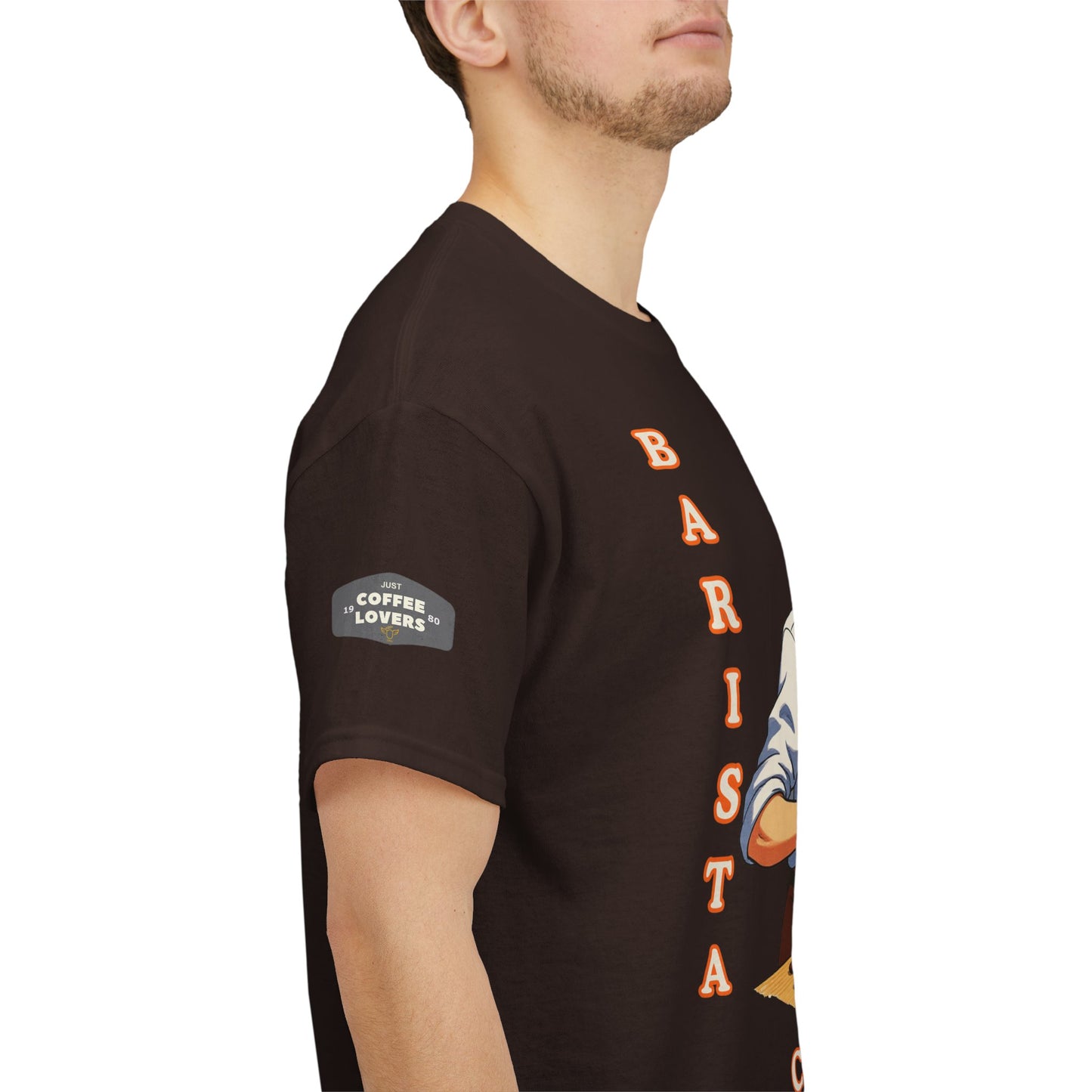 Coffee Lovers Cotton Tee for Male Barista,  Person wearing a black t-shirt with 'Barista' text and logo on a white background