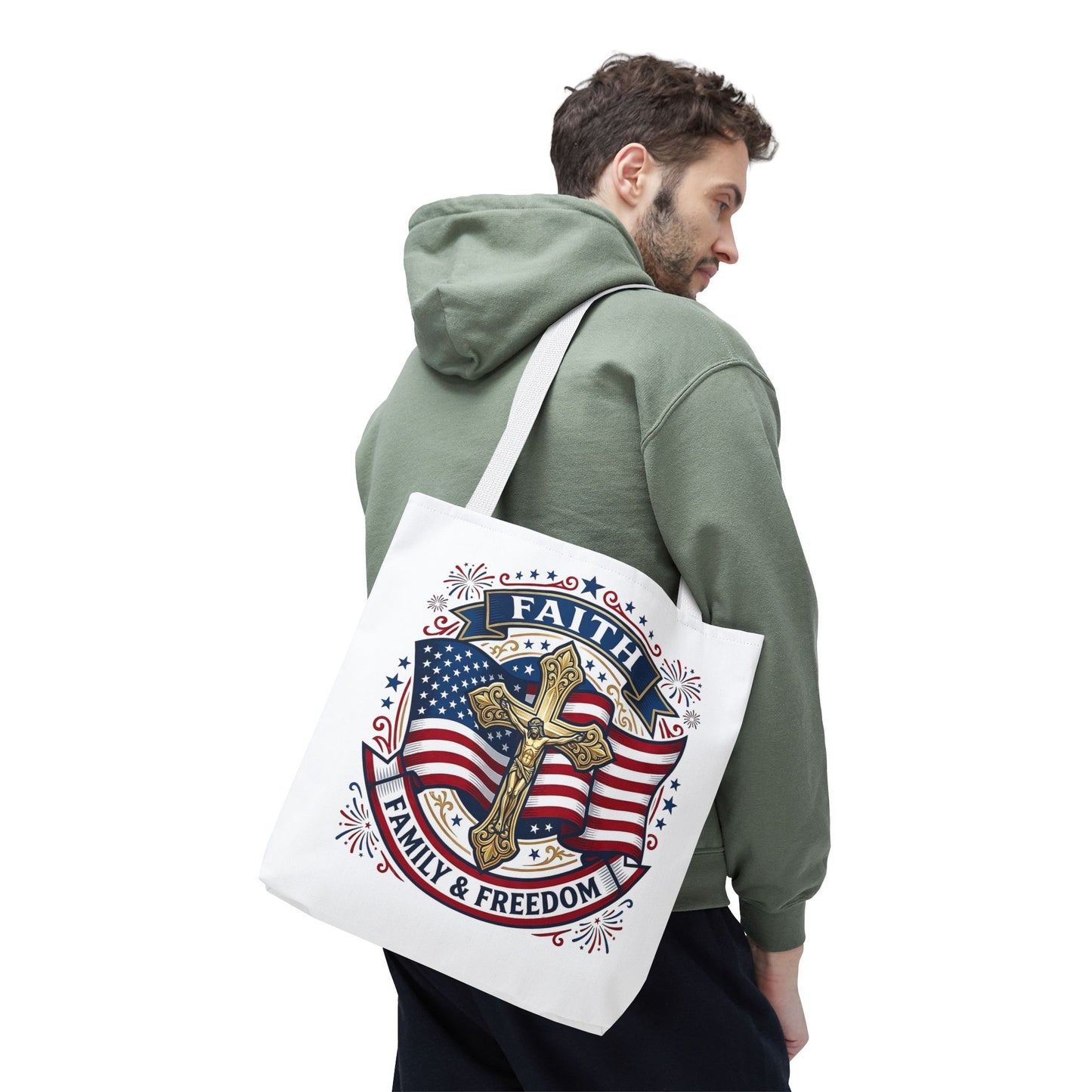 Faith, Family & Freedom Tote Bag — Patriotic Cross American Flag Tote (USA 250th)
