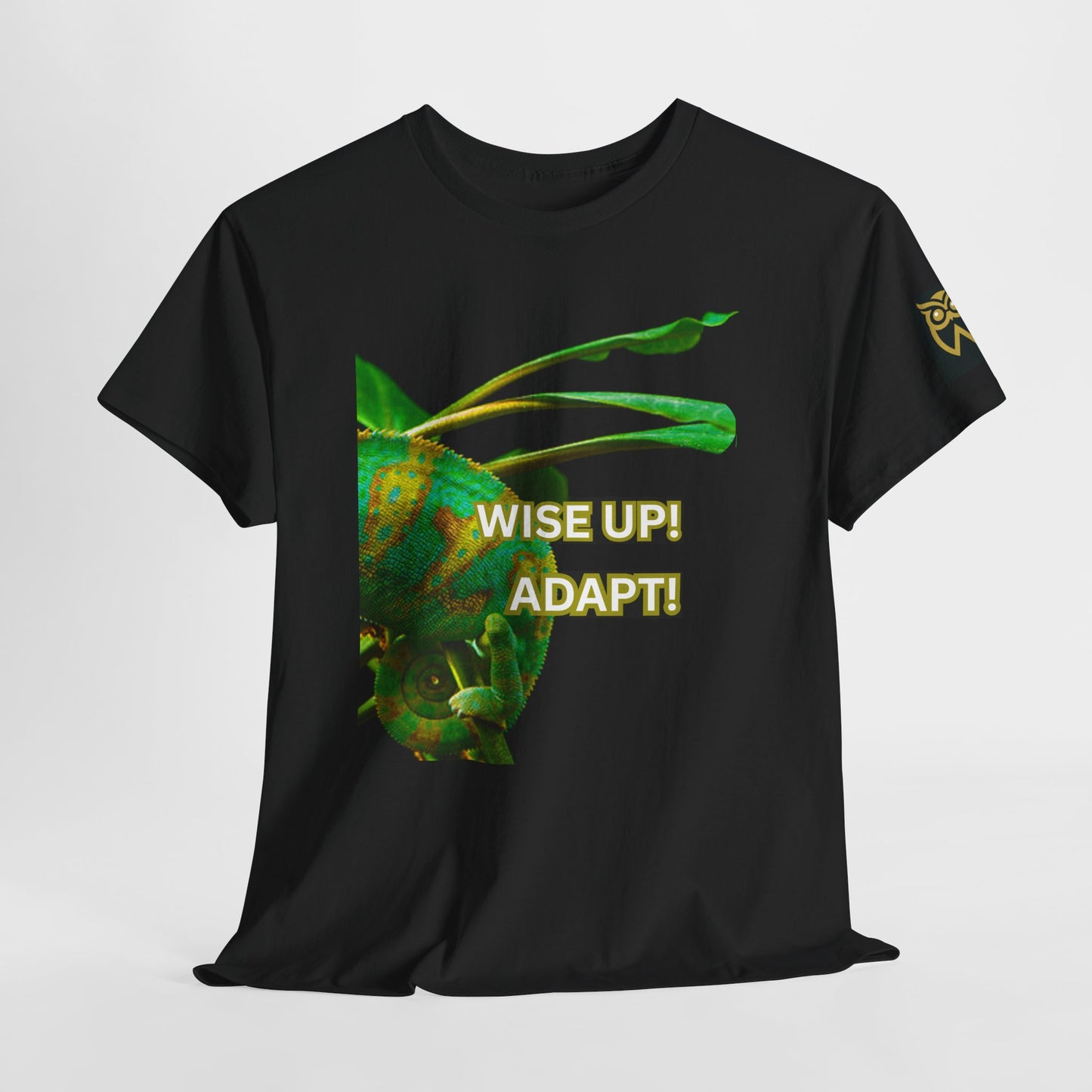 Wise Up Adapt! Motivational T-shirt — 'Wise Up! Stay Sharp!' Graphic Novelty Tee, Black t-shirt with a green graphic and text 'WISE UP! ADAPT!' on a white background