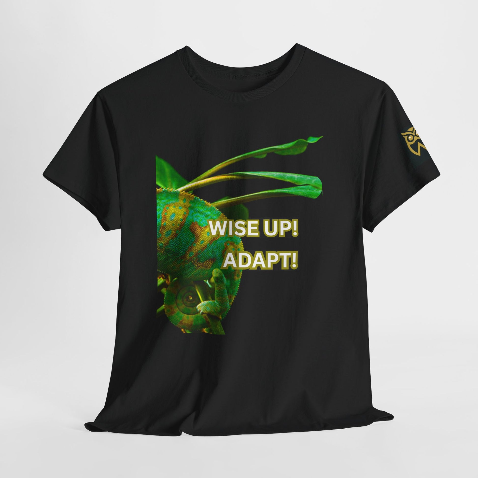 Wise Up Adapt! Motivational T-shirt — 'Wise Up! Stay Sharp!' Graphic Novelty Tee, Black t-shirt with a green graphic and text 'WISE UP! ADAPT!' on a white background