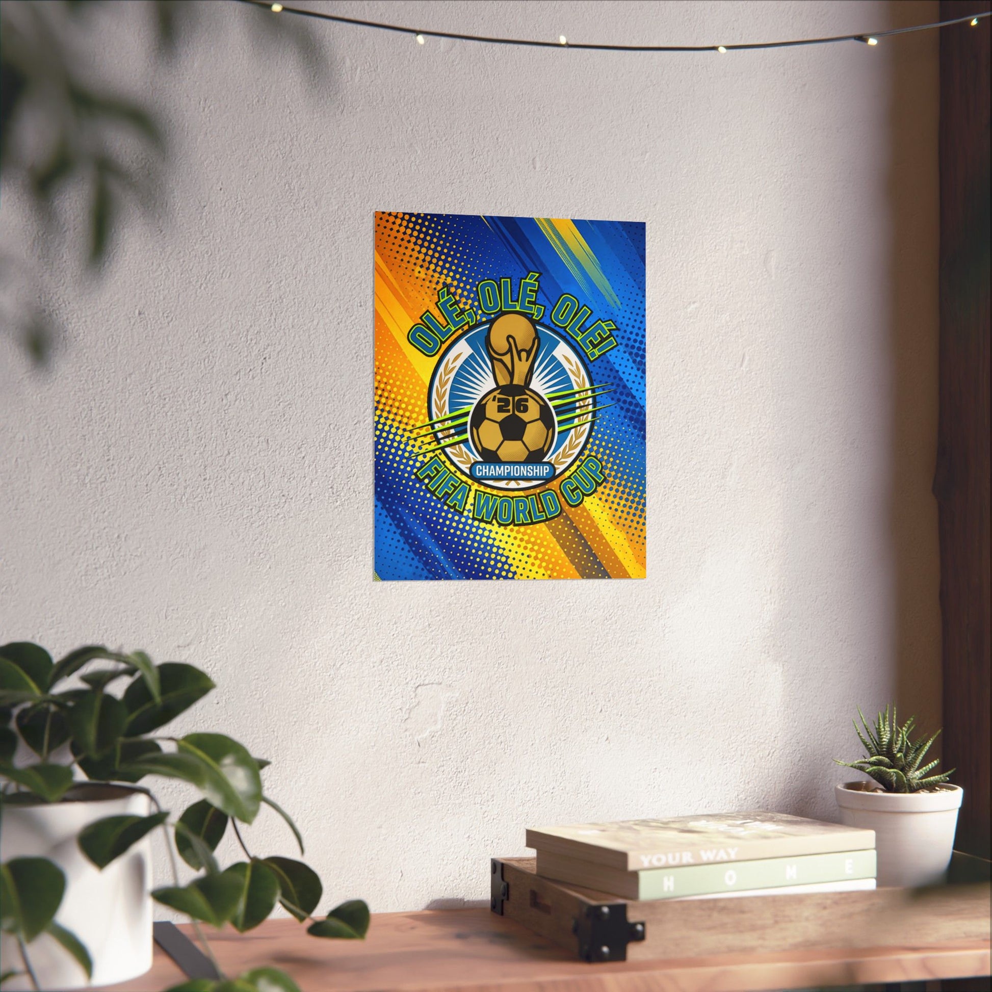 Colorful poster with a soccer ball design on a white wall above a wooden desk with plants.
