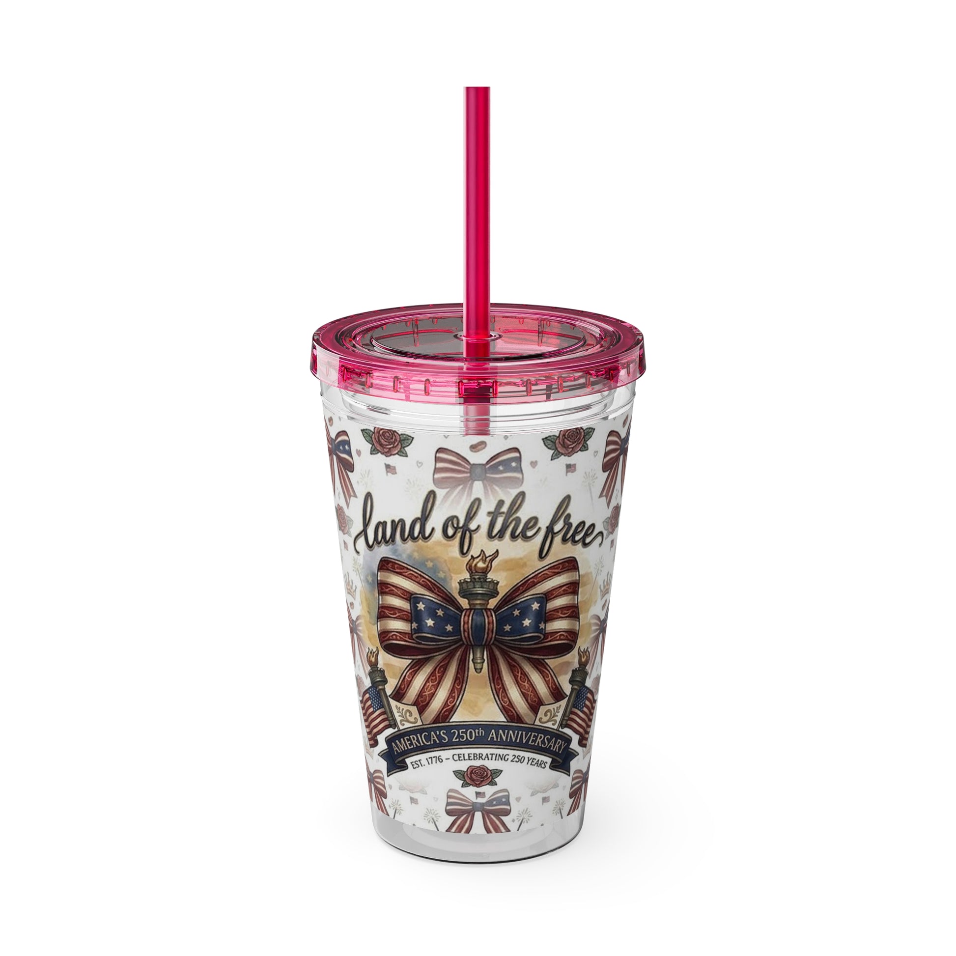 USA 250th ANNIVERSARY 16oz Tumbler with Straw | Patriotic 'Land of the Free' 16oz Tumbler with Straw - Trending Novelties & Gifts
