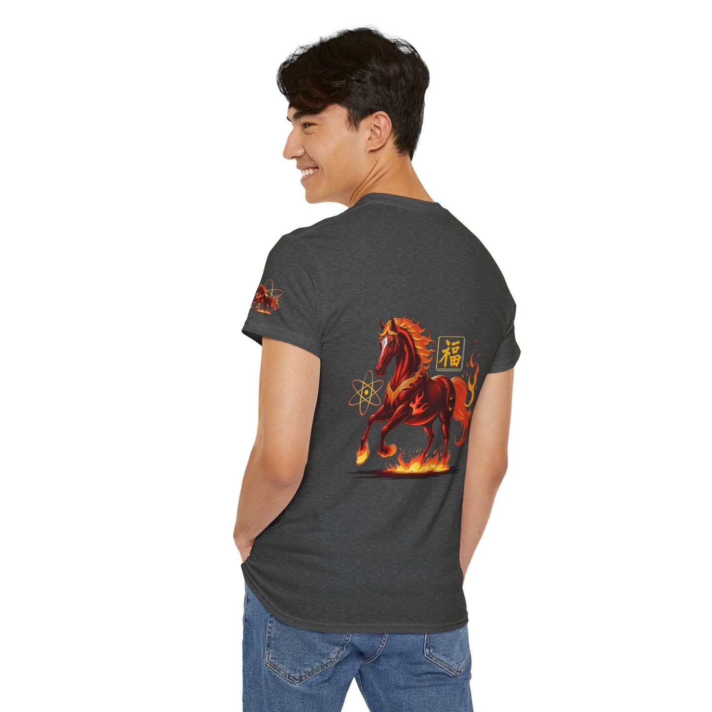 Lunar New Year Fiery Horse Novelty T-Shirt, Person wearing a dark gray t-shirt with a fiery horse design on the back, standing against a white background.
