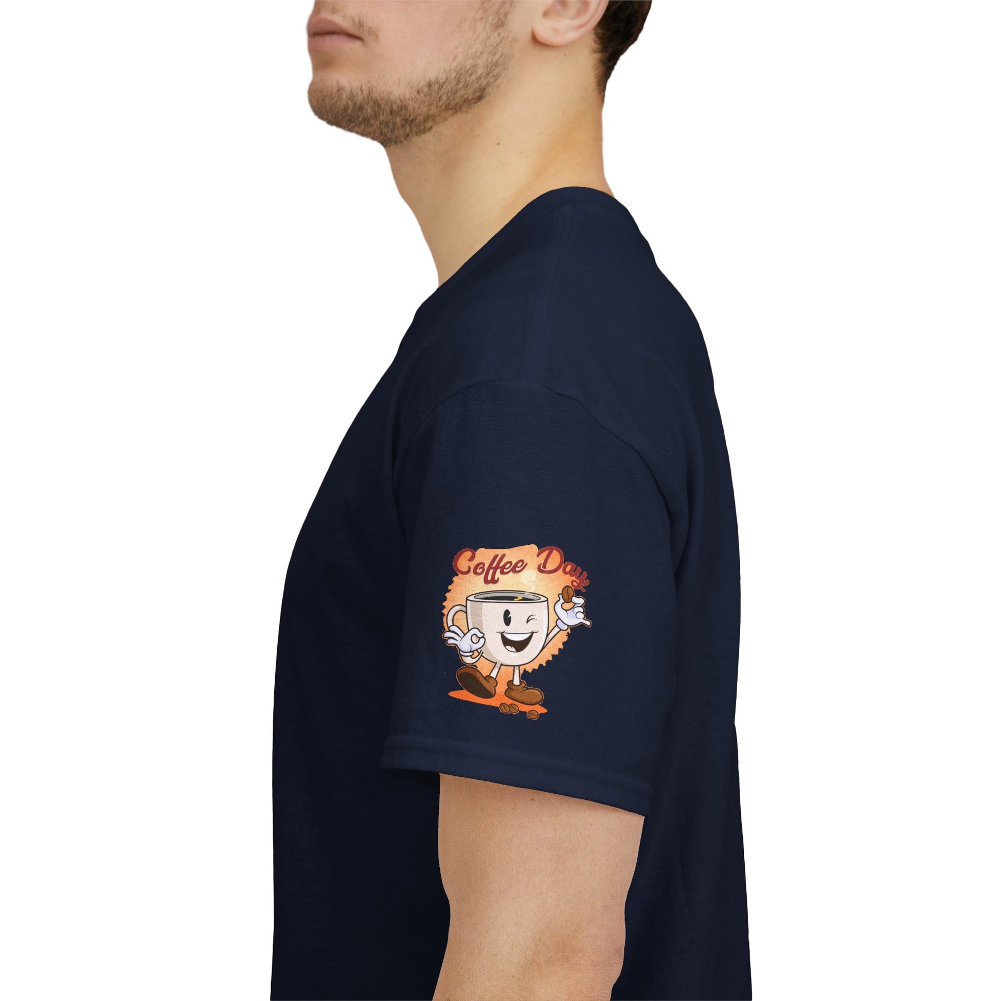 Navy blue t-shirt with a cartoon coffee cup design on a white background, COFFEE LOVERS' T-SHIRT