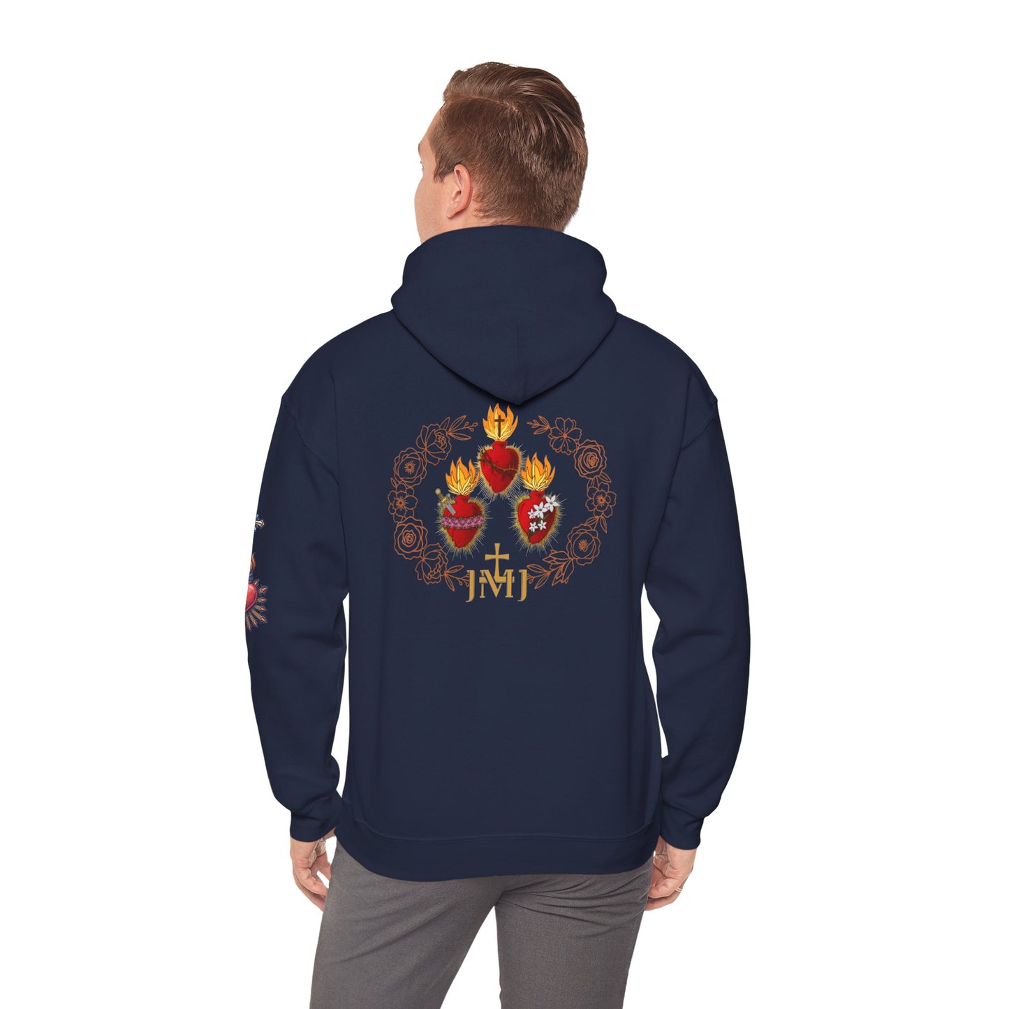 Sacred Hearts Hoodie — Three Flaming Hearts J.M.J. Devotional Sweatshirt (CT)