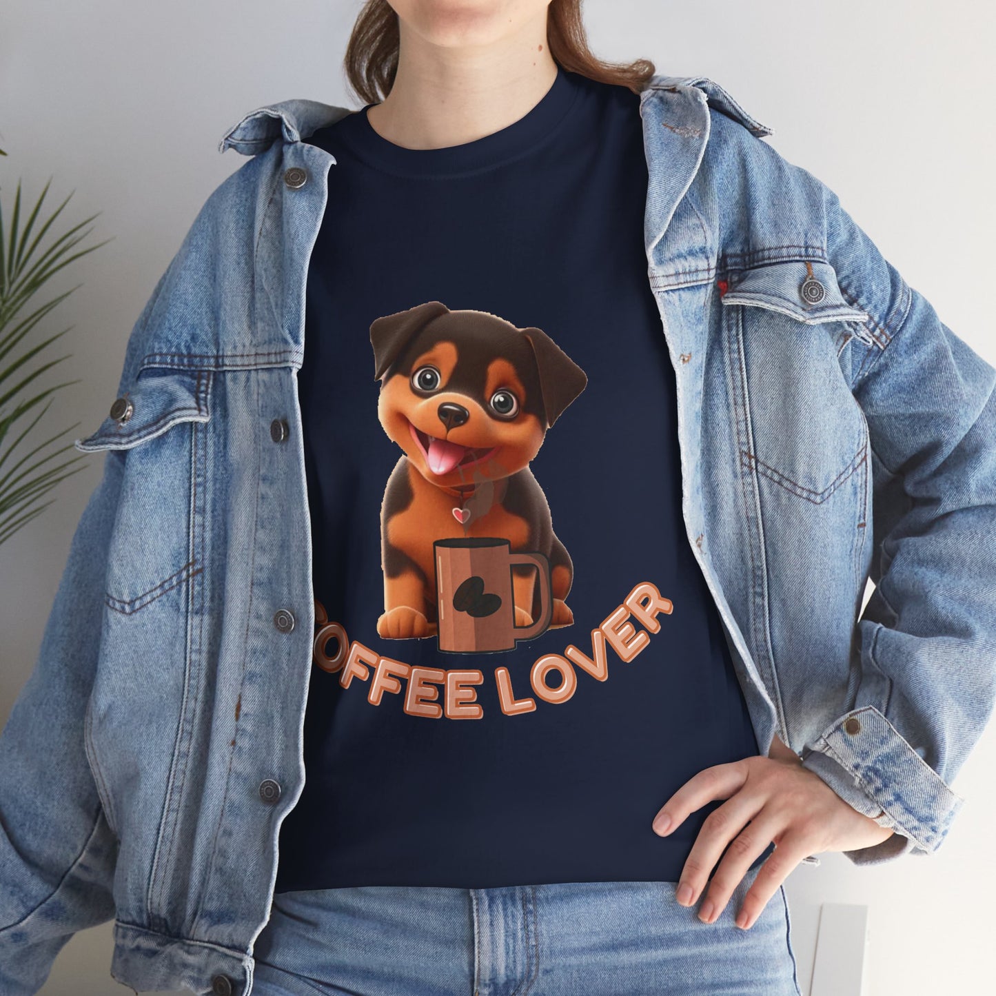COFFEE LOVERS COTTON TEE for Dog Lovers. Person wearing a navy blue t-shirt with a dog graphic and 'Coffee Lover' text, paired with a denim jacket.