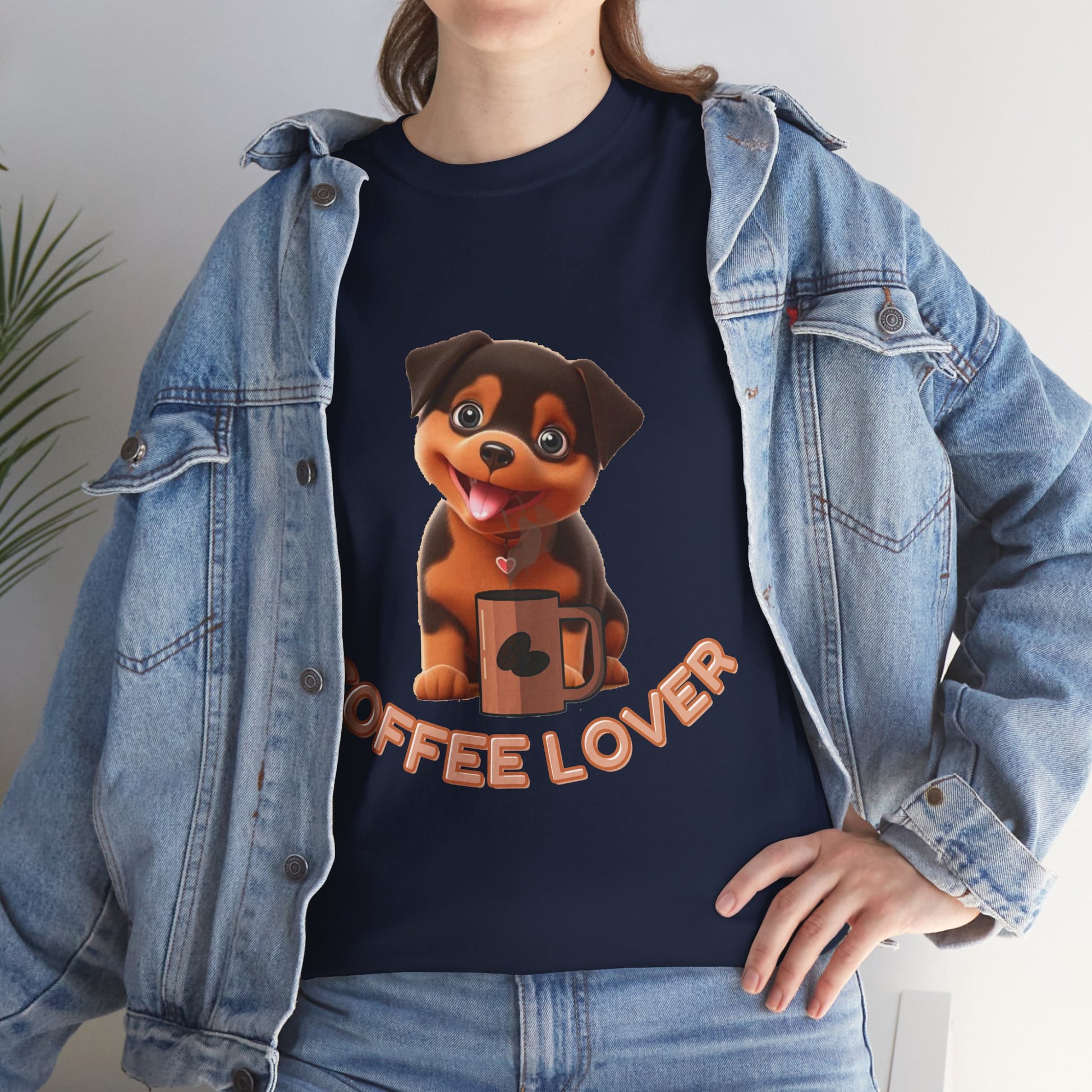COFFEE LOVERS COTTON TEE for Dog Lovers. Person wearing a navy blue t-shirt with a dog graphic and 'Coffee Lover' text, paired with a denim jacket.