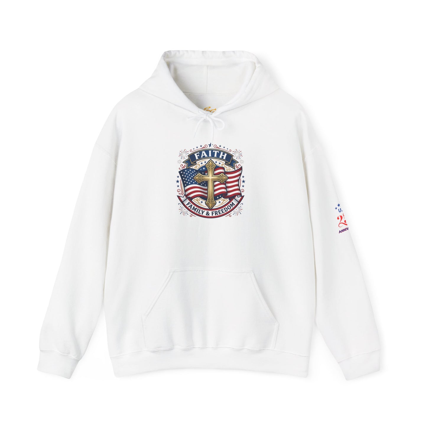 Faith, Family & Freedom Hoodie — Patriotic Cross American Flag Sweatshirt (USA 250th)