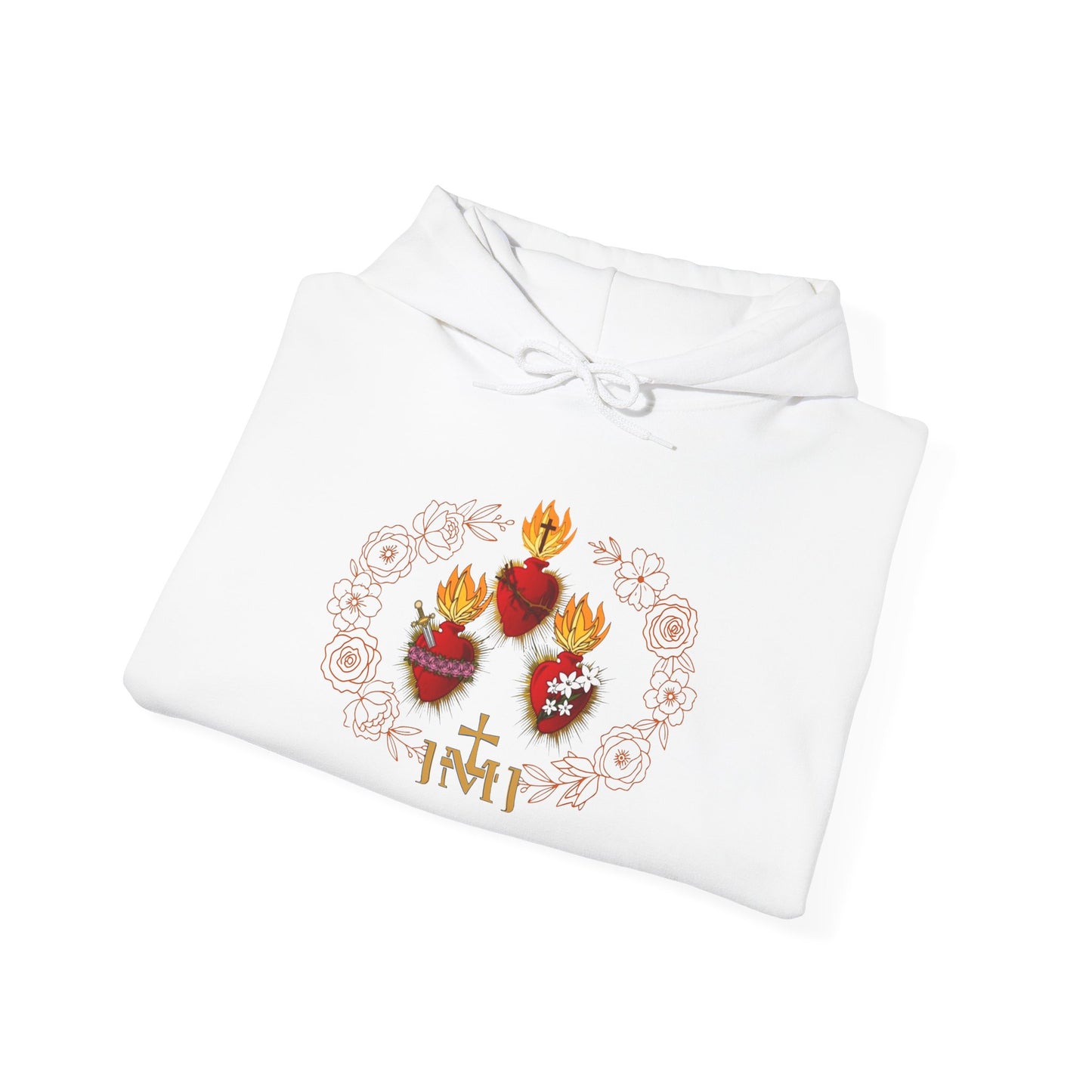 Sacred Hearts Hoodie — Three Flaming Hearts J.M.J. Devotional Sweatshirt (CT)