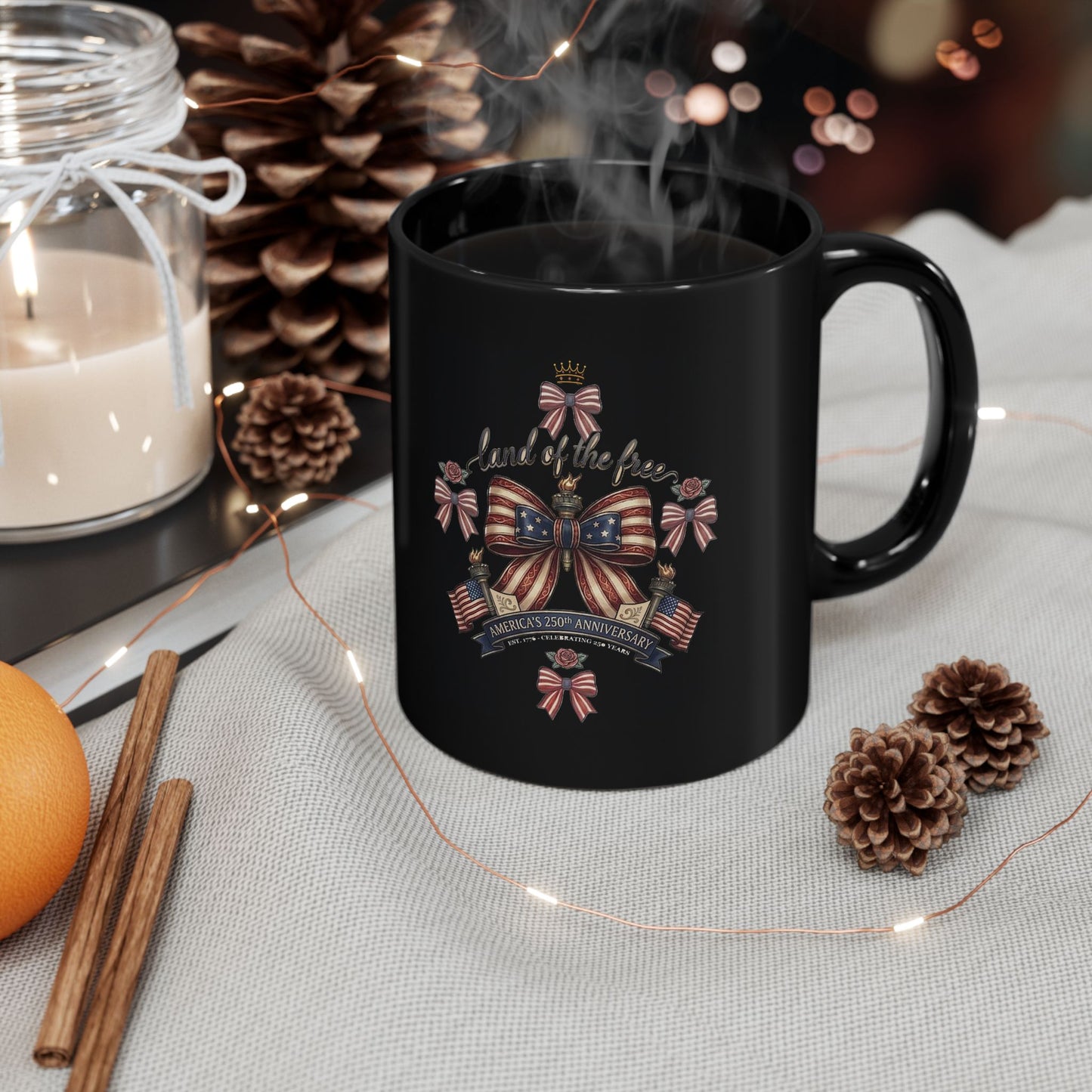 USA 250th ANNIVERSARY Ribbon Heart Black Mug — America 250 Years ANNIVERSARY Bow Ribbons Coffee Cup - Trending Novelties & Gifts
