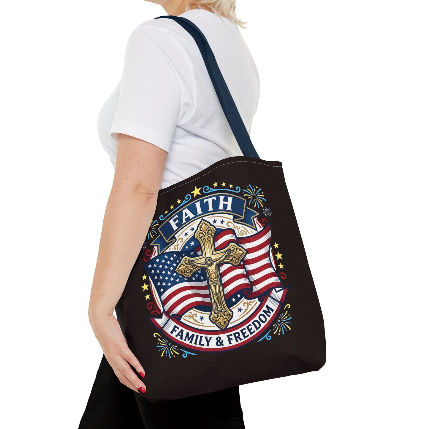 Faith, Family & Freedom Cross Bag — Patriotic American Flag Canvas Tote (USA 250th)