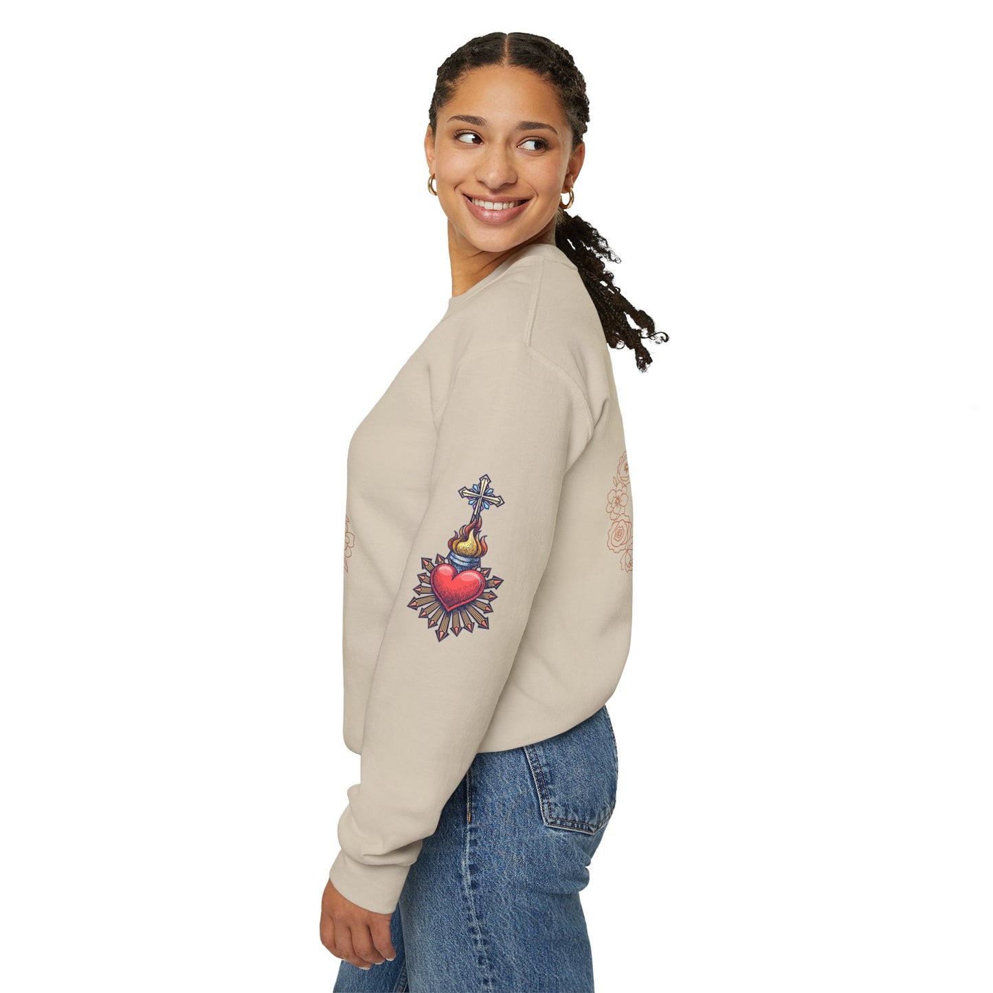 Sacred Hearts Crewneck Sweatshirt — Three Flaming Hearts with JMJ Cross (CT)
