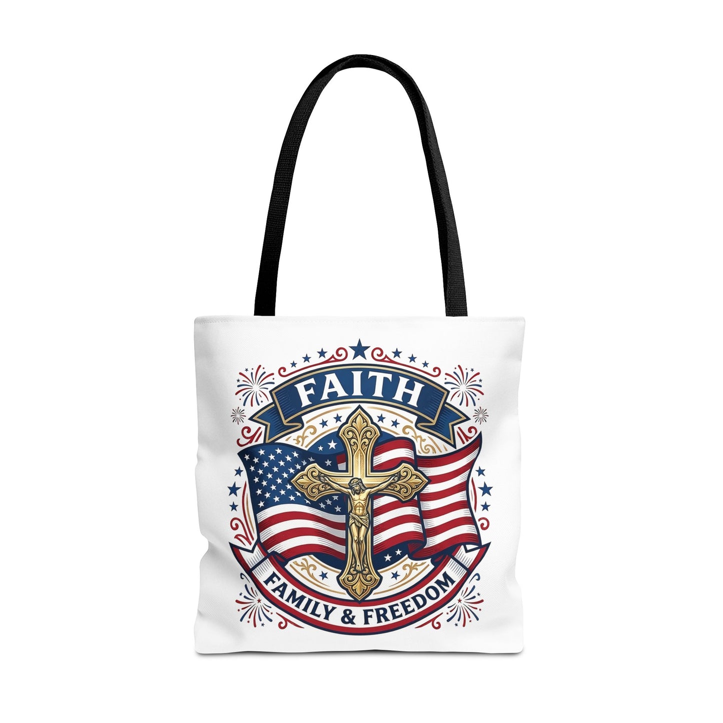 Faith, Family & Freedom Tote Bag — Patriotic Cross American Flag Tote (USA 250th)