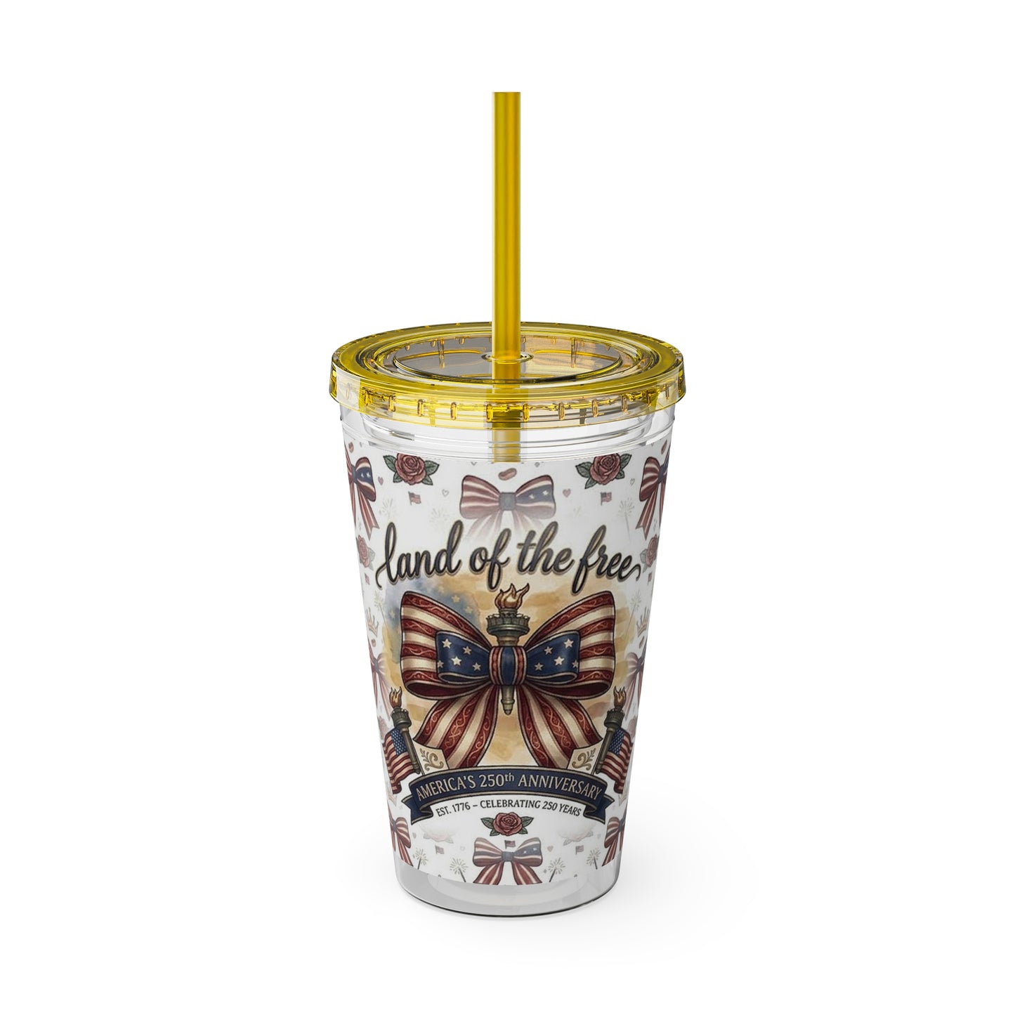 USA 250th ANNIVERSARY 16oz Tumbler with Straw | Patriotic 'Land of the Free' 16oz Tumbler with Straw - Trending Novelties & Gifts