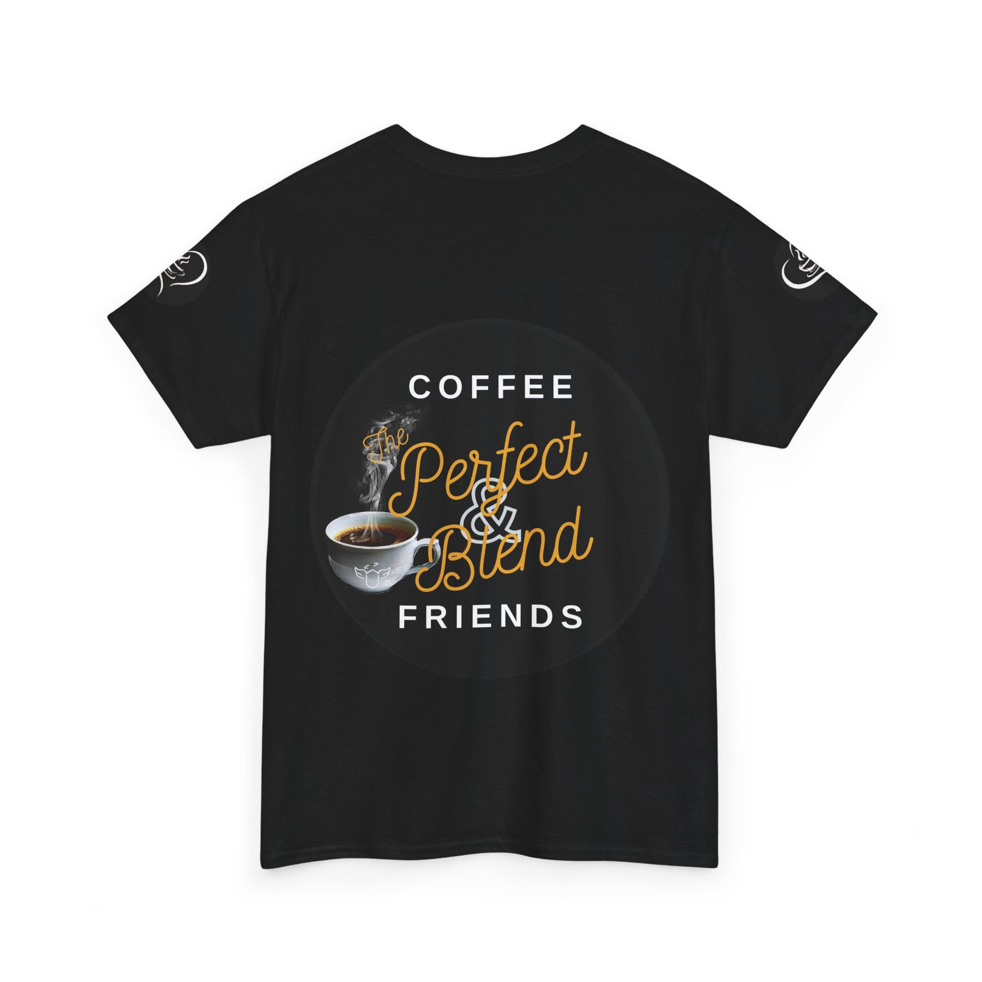 Black t-shirt with coffee-themed design and text on a white background