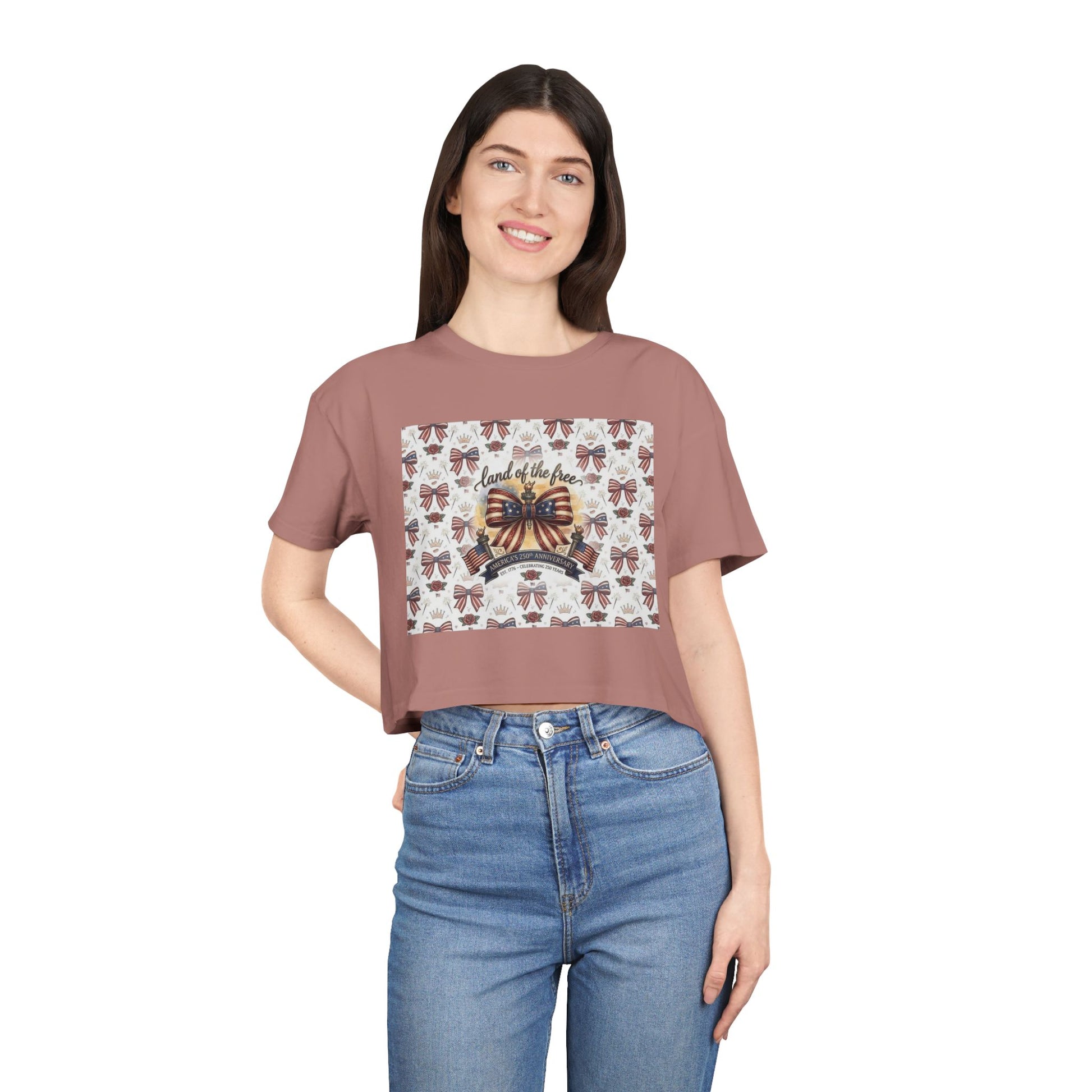 USA 250th ANNIVERSARY Women’s Crop Tee — Patriotic "Land of the Free" Women’s Crop Tee - Trending Novelties & Gifts