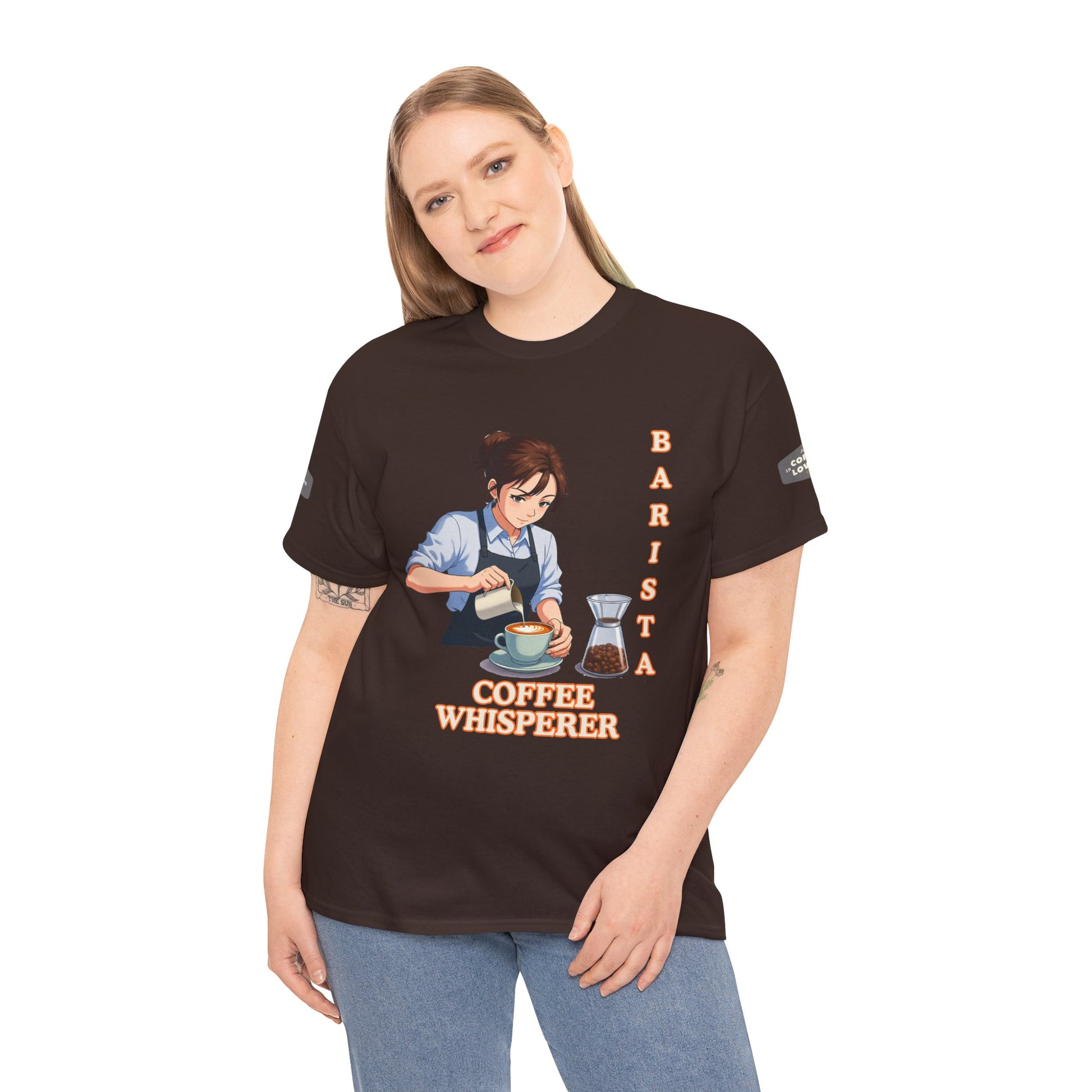 Coffee Lovers Cotton Tee for Female Barista, Person wearing a black t-shirt with a graphic of a barista and text 'Barista Coffee Whisperer' on a white background