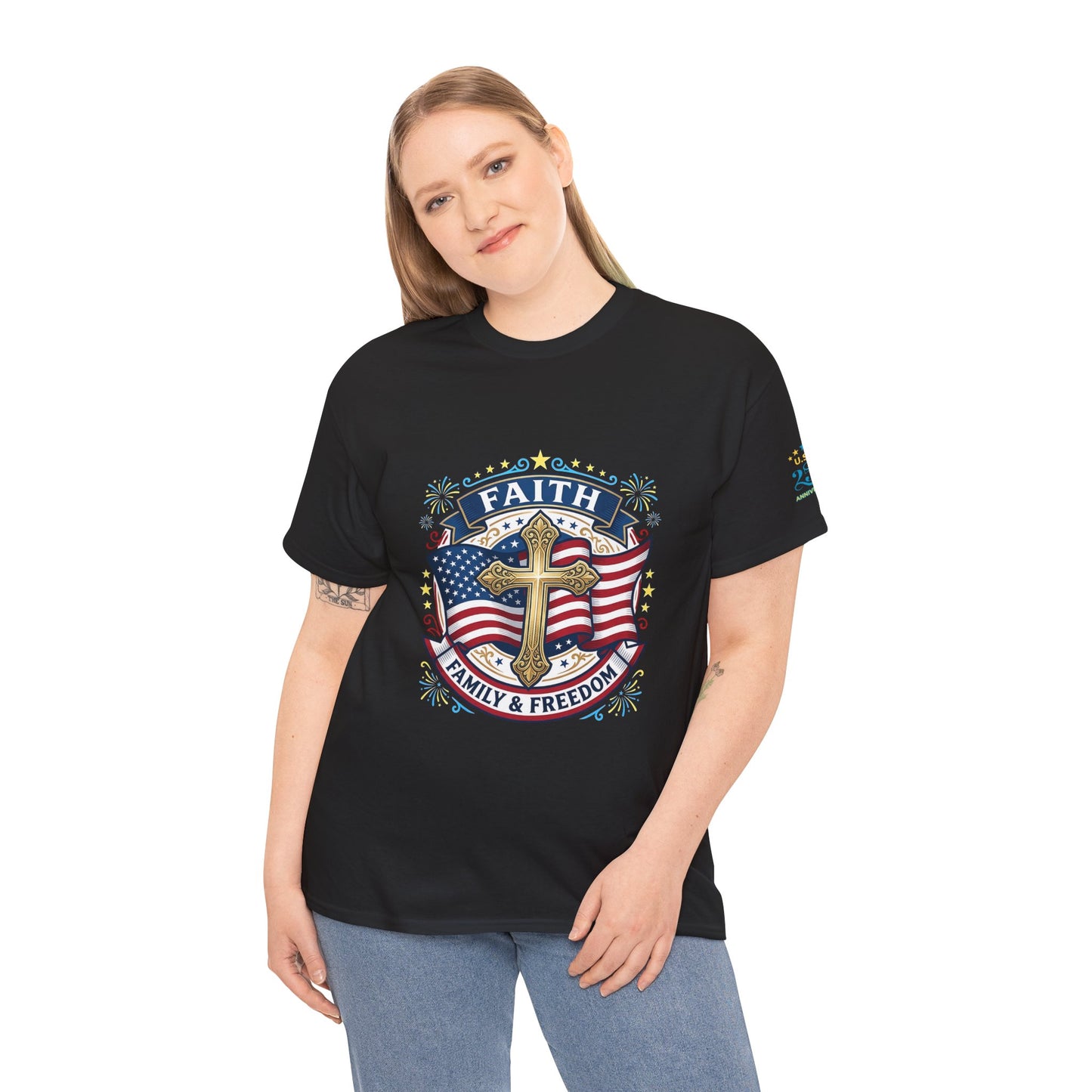 Faith, Family & Freedom T-Shirt — American Flag Cross Patriotic Tee (USA 250th)